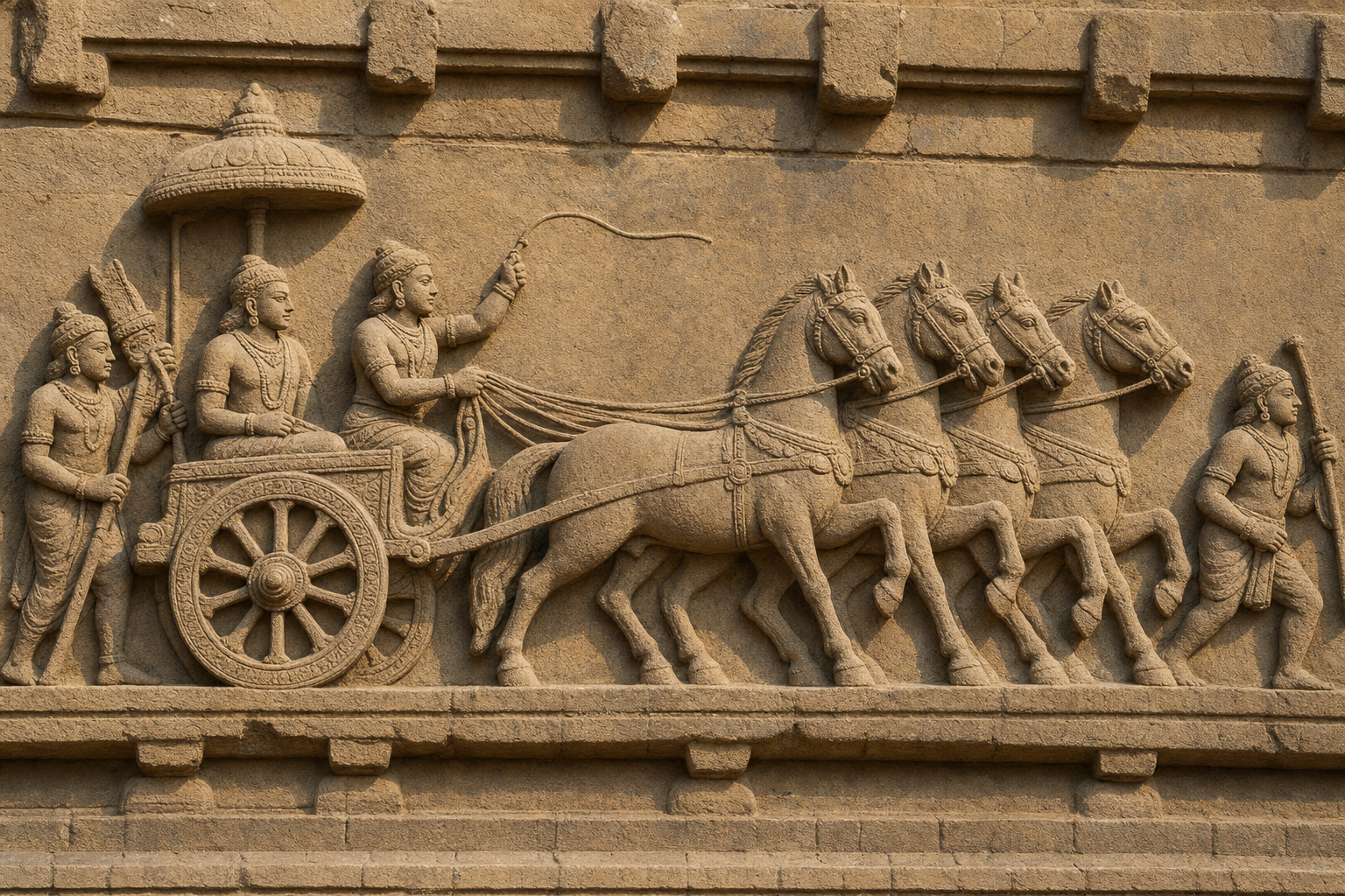 Stone frieze of a charioteer holding reins and a raised flexible lash while guiding horses carrying a seated figure.