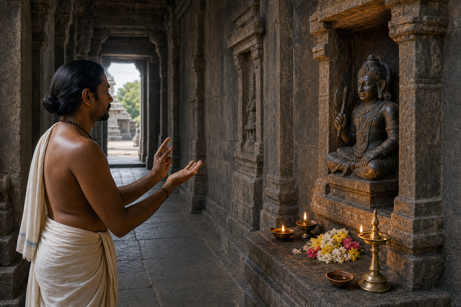 A devotee shows empty palms and prepares to snap their fingers before the seated Chandesha shrine at the end of temple worship.