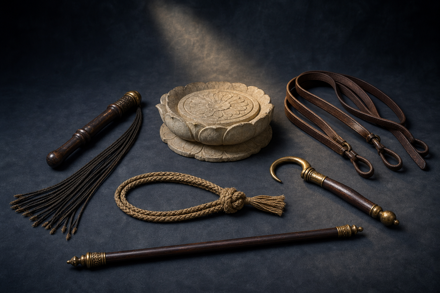 A flexible lash, reins, curved goad, looped cord, and slender staff arranged around a small lotus-shaped stone base.