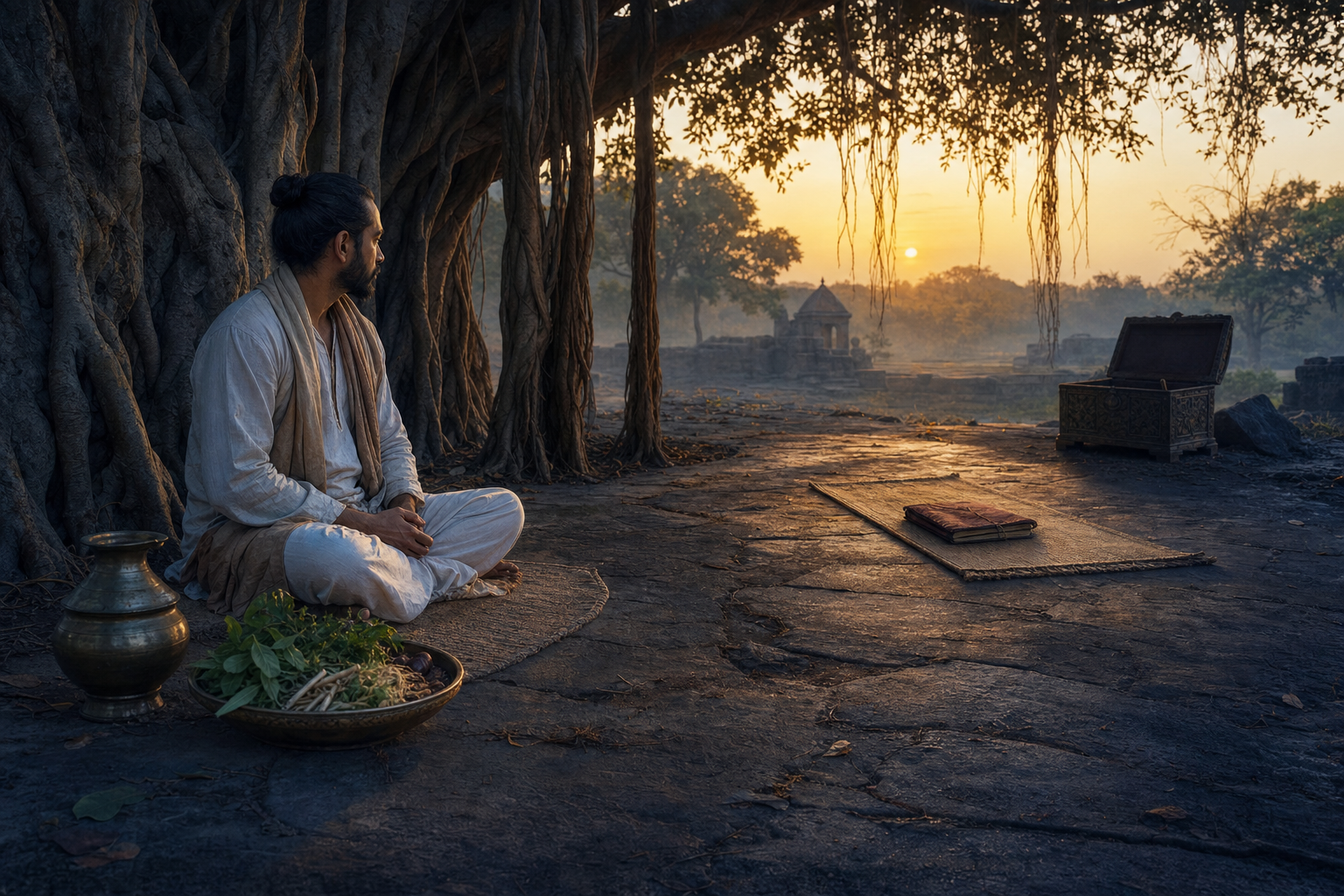 A practitioner reflects beneath a banyan tree near a bowl of herbs and a water pot, while an ornate empty box remains in the shadows.
