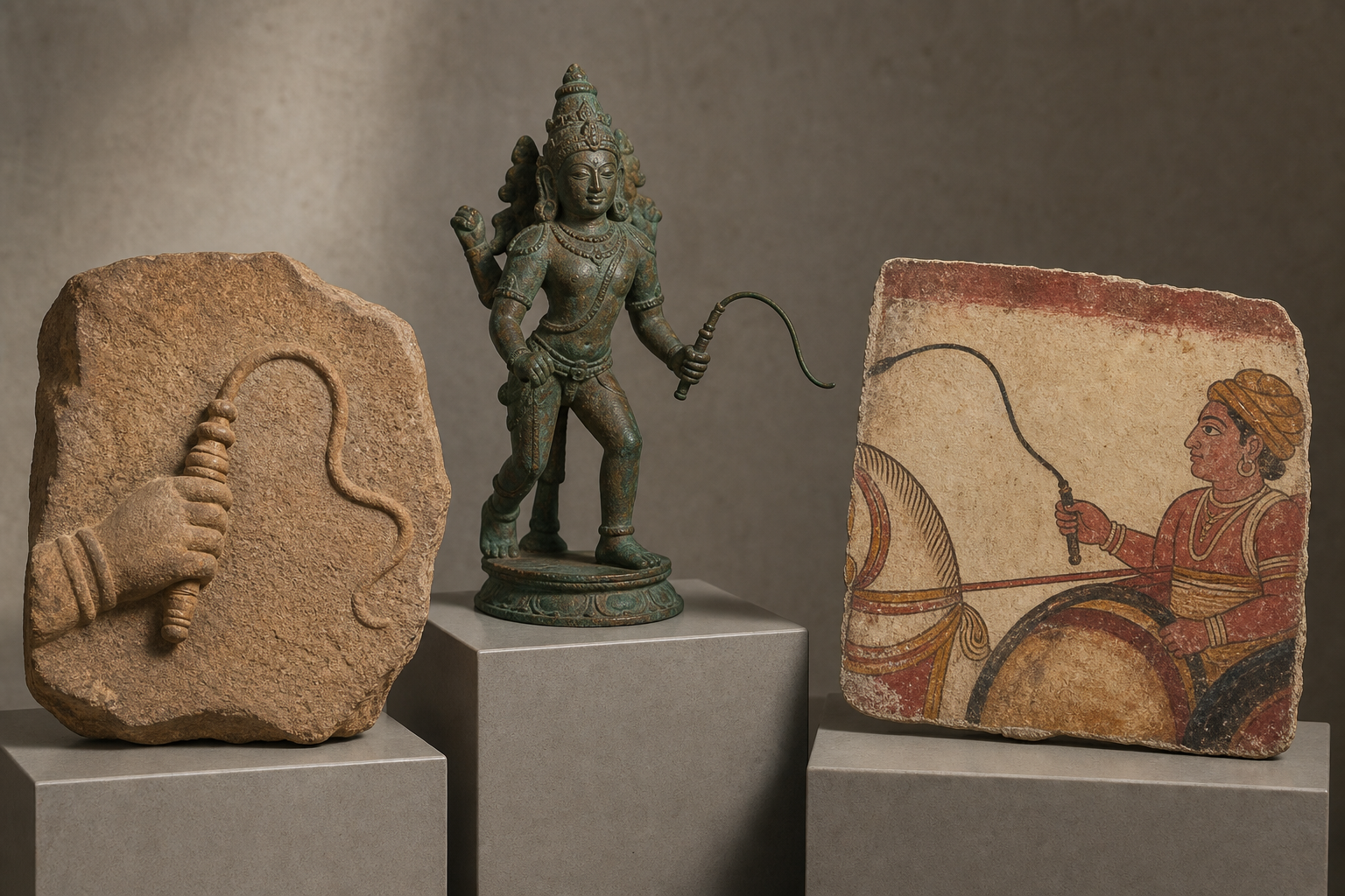 Three original art objects show a hand holding a curved lash in sandstone relief, aged bronze, and an uninscribed painted folio.