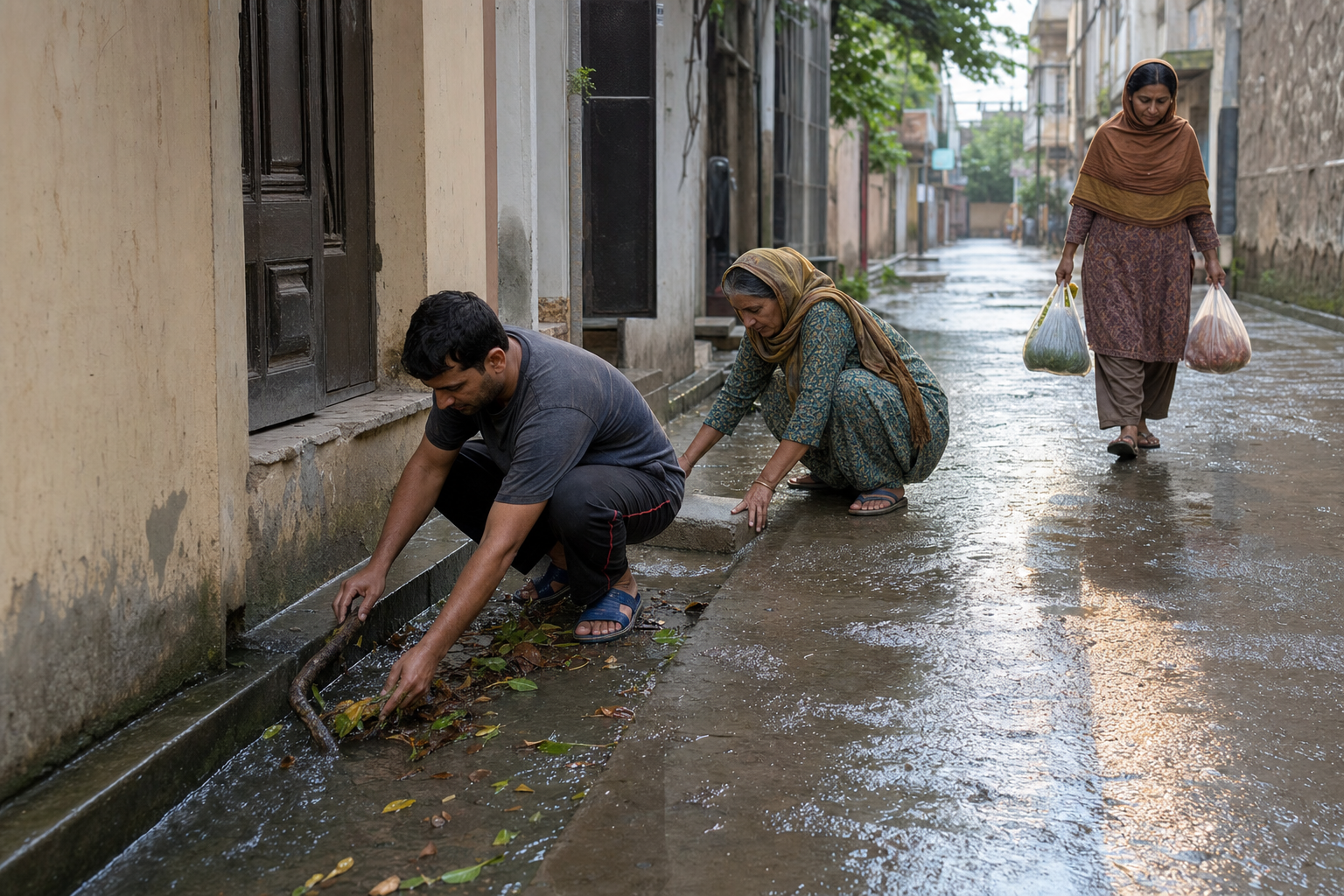 Residents clear leaves from a rain-blocked drain and steady a loose stepping stone in a wet neighborhood lane.