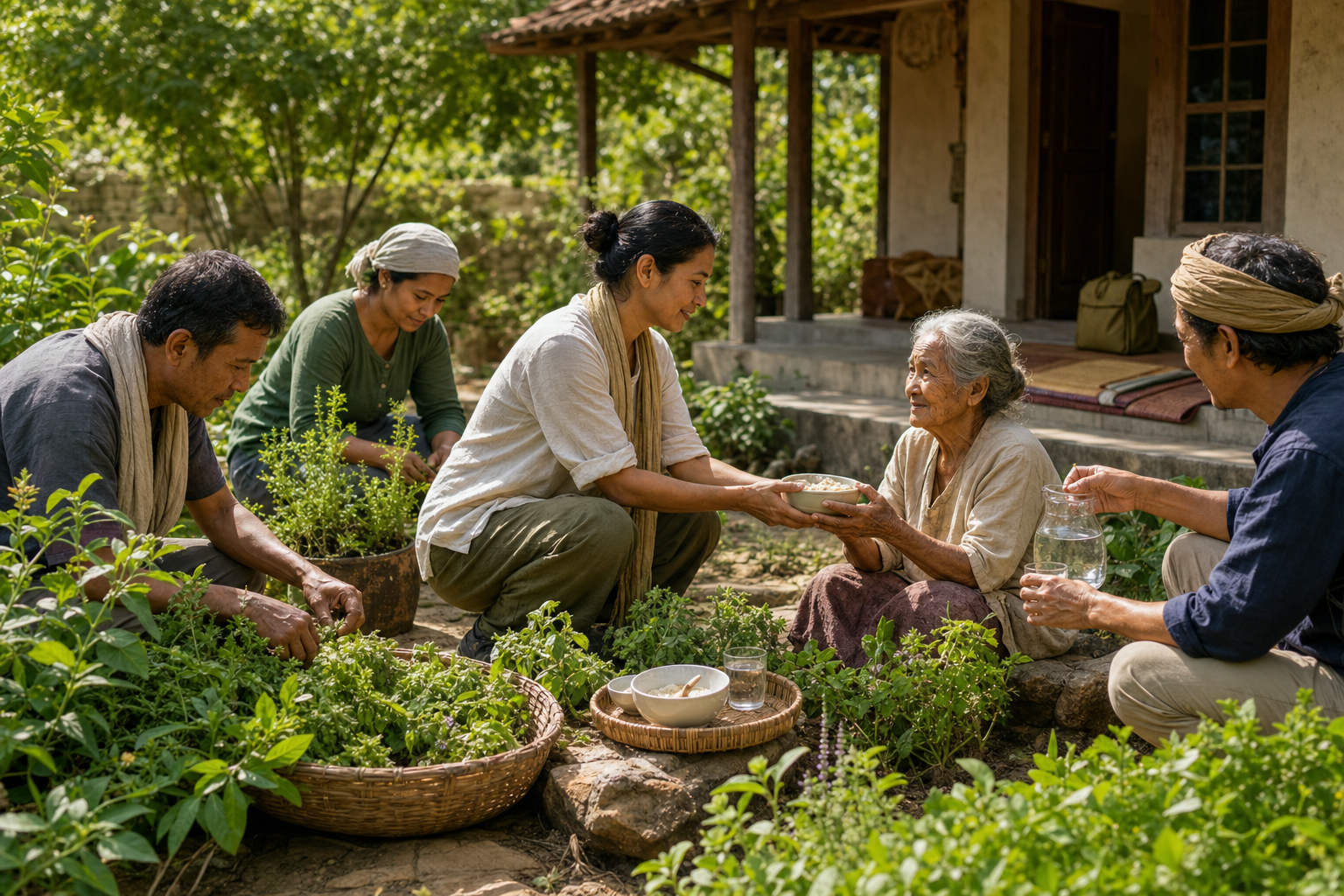 A practitioner and neighbors tend medicinal plants and offer food and water to an elderly person, with a folded practice mat in the background.