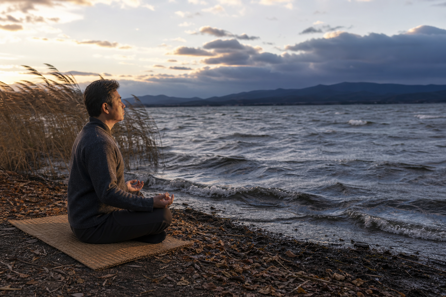 A person sits on a woven mat beside a wind-ruffled lake as reeds bend and distant storm clouds cross the horizon.