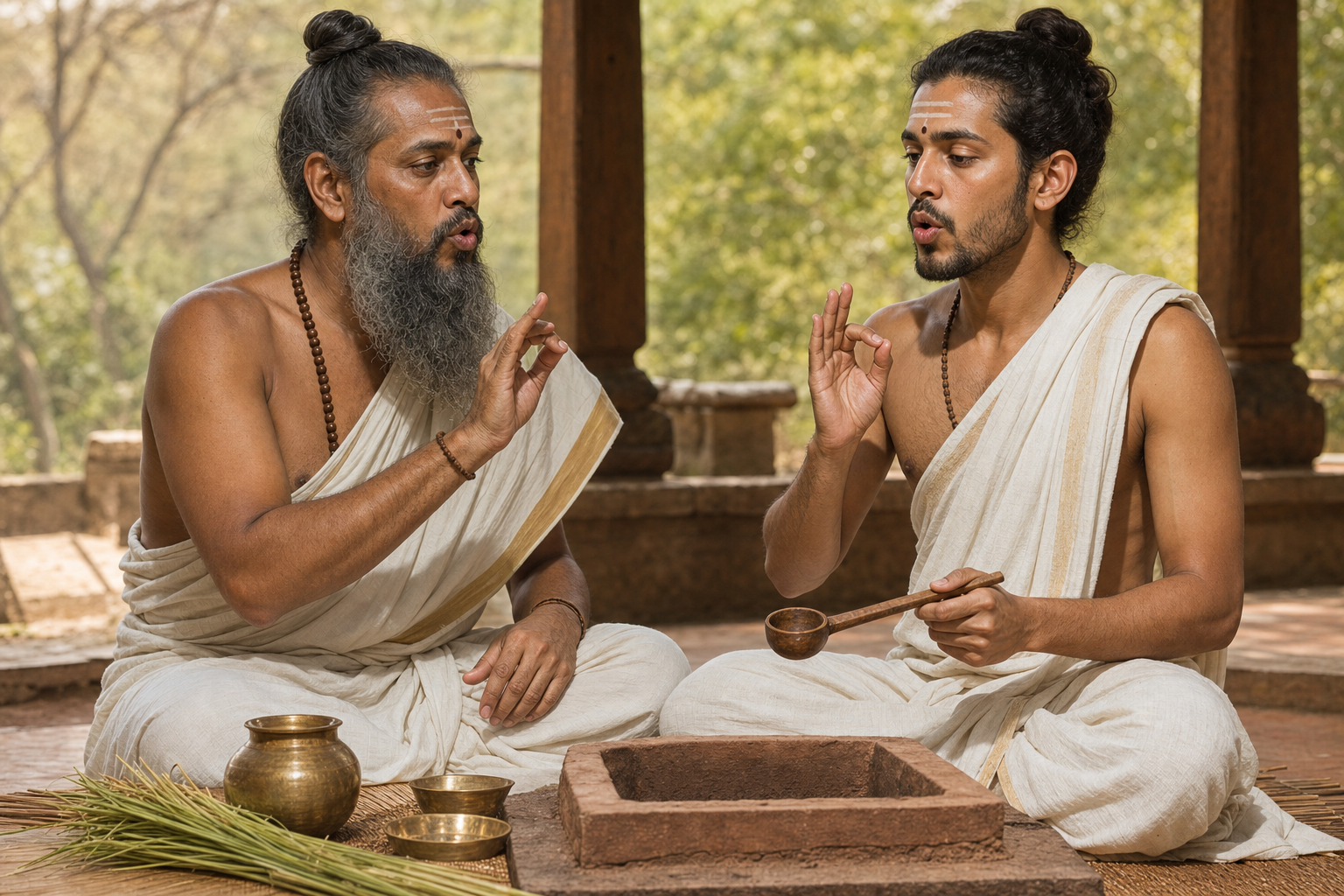 A Vedic instructor demonstrates a spoken cue and ladle movement to an adult student during ritual practice.