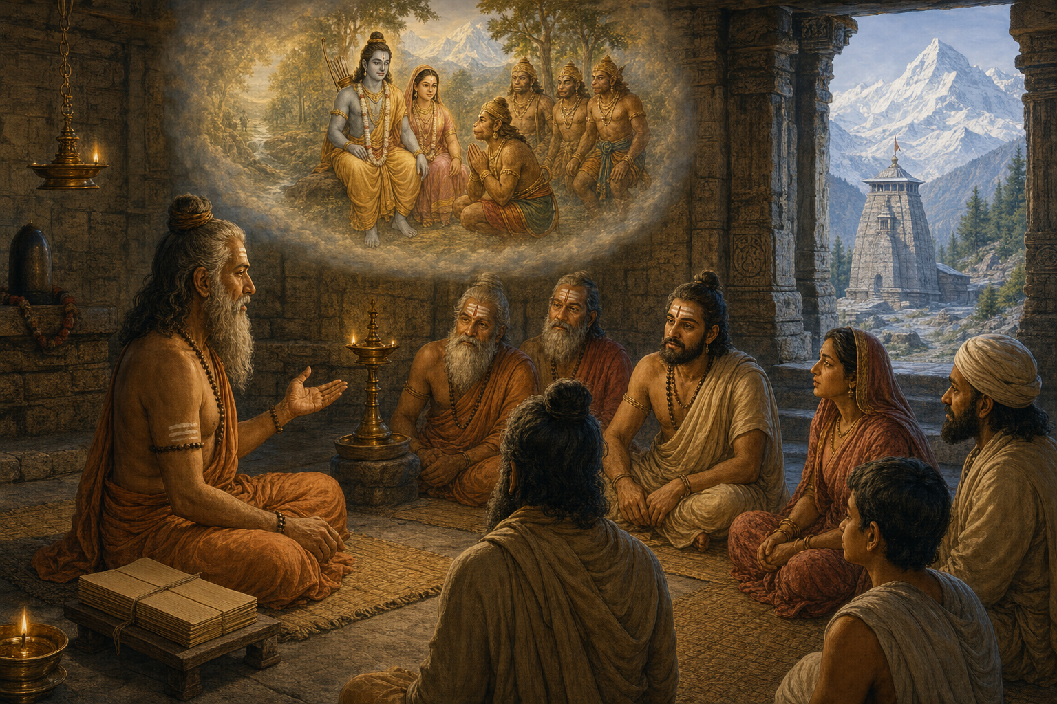 A sage recounts a sacred narrative to listeners in a Himalayan shrine while a luminous vision of Rama, Sita, Hanuman, and their allies appears above them.