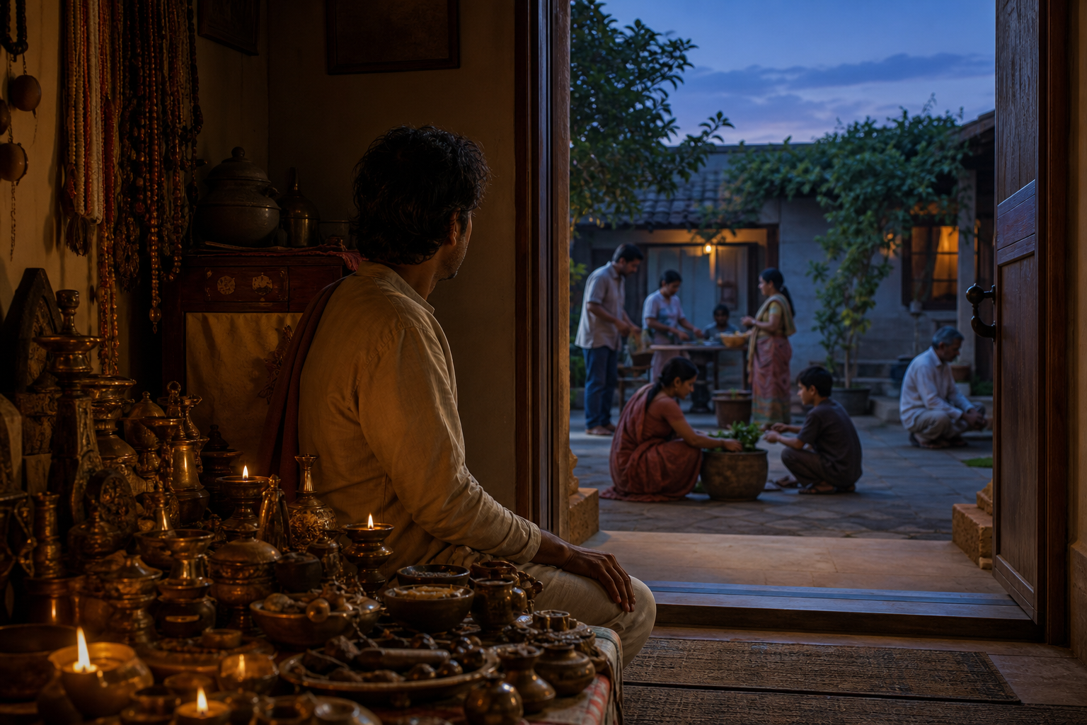 A practitioner turns from a cluttered collection of ritual objects toward an open courtyard where relatives and neighbors share everyday responsibilities.