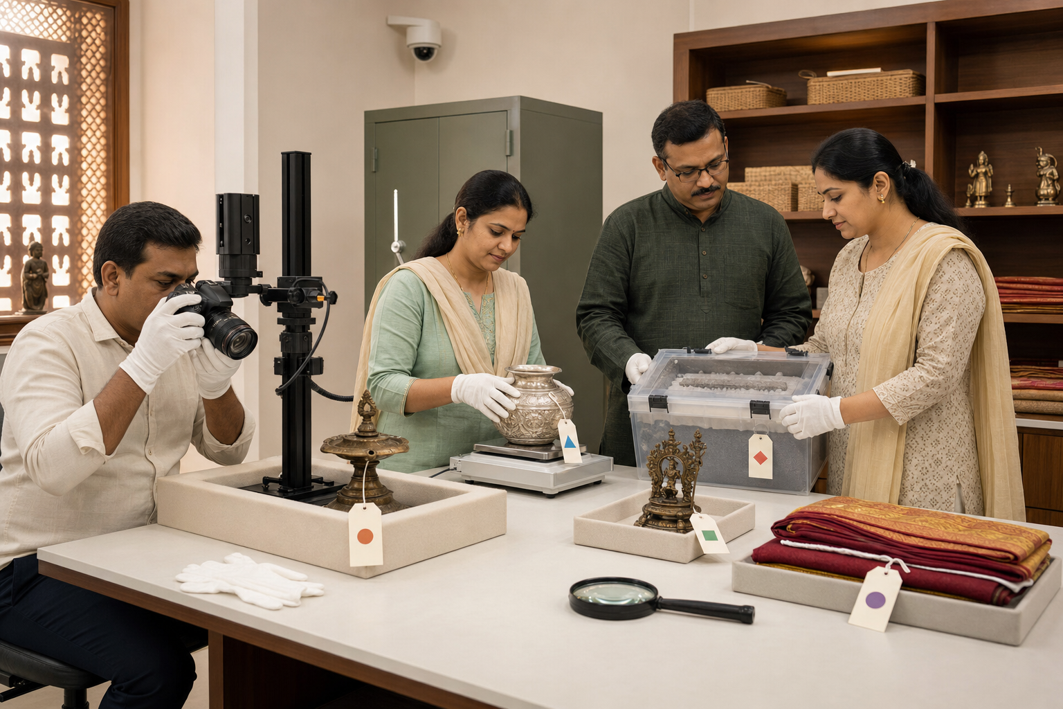 Temple custodians jointly photograph, weigh, inspect, and prepare sacred metal objects and historic textiles for secure storage in a records room.