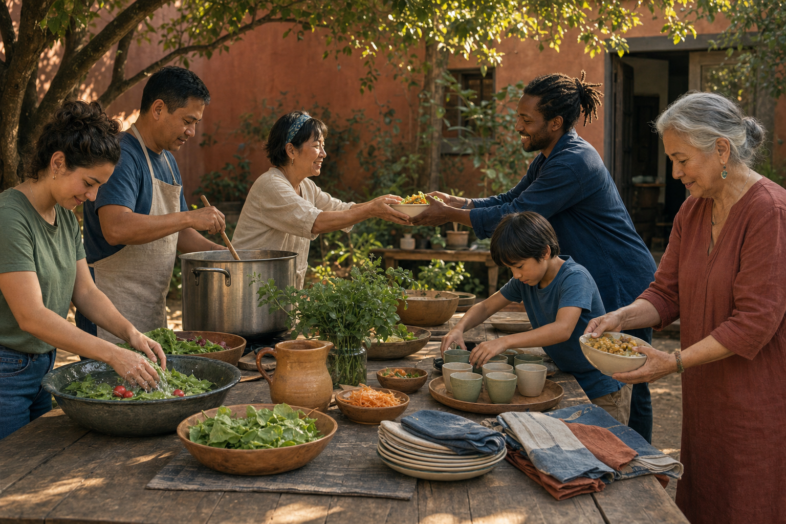 People of different ages prepare a communal meal and pass bowls around a shaded courtyard table.