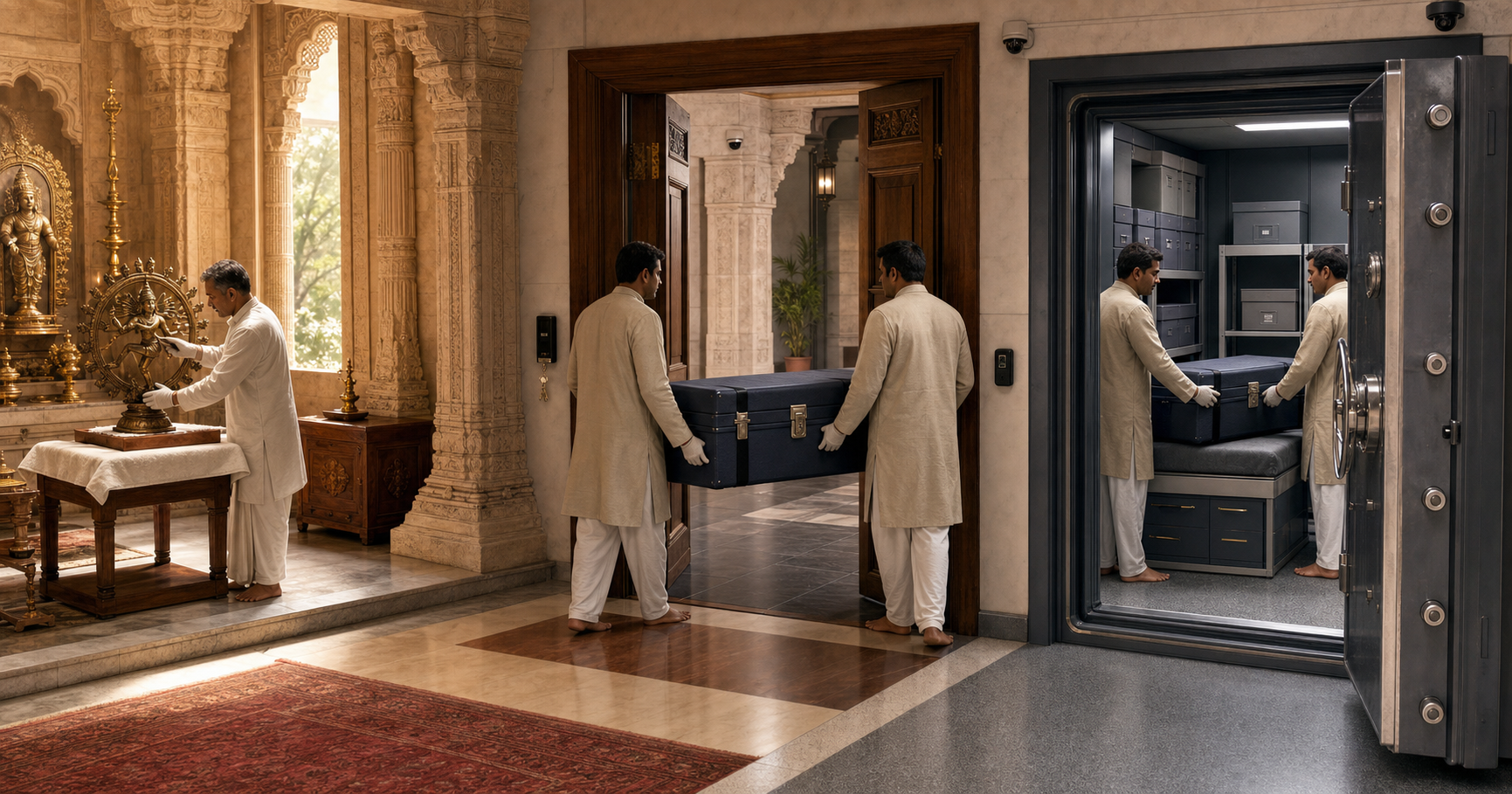 Two temple custodians move a sealed padded case from a ceremonial preparation area through a controlled doorway into a locked heritage vault.