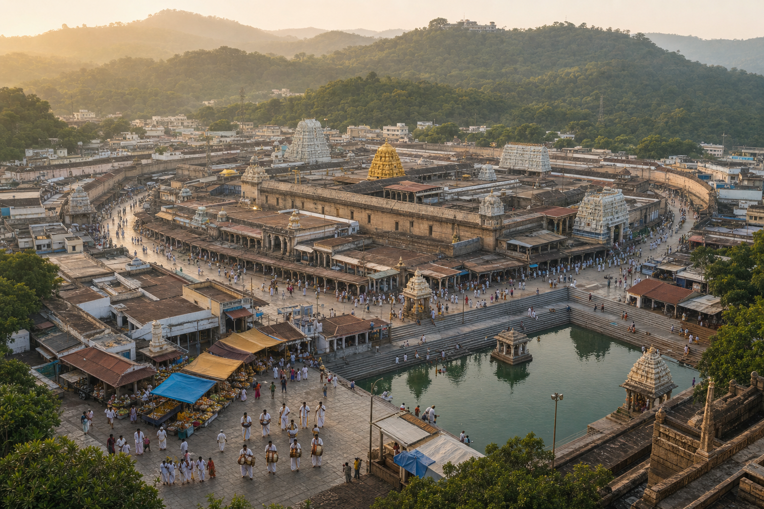 Elevated view of a Tirumala temple complex linked to surrounding streets, a stepped sacred tank, pilgrims, musicians and community activity.