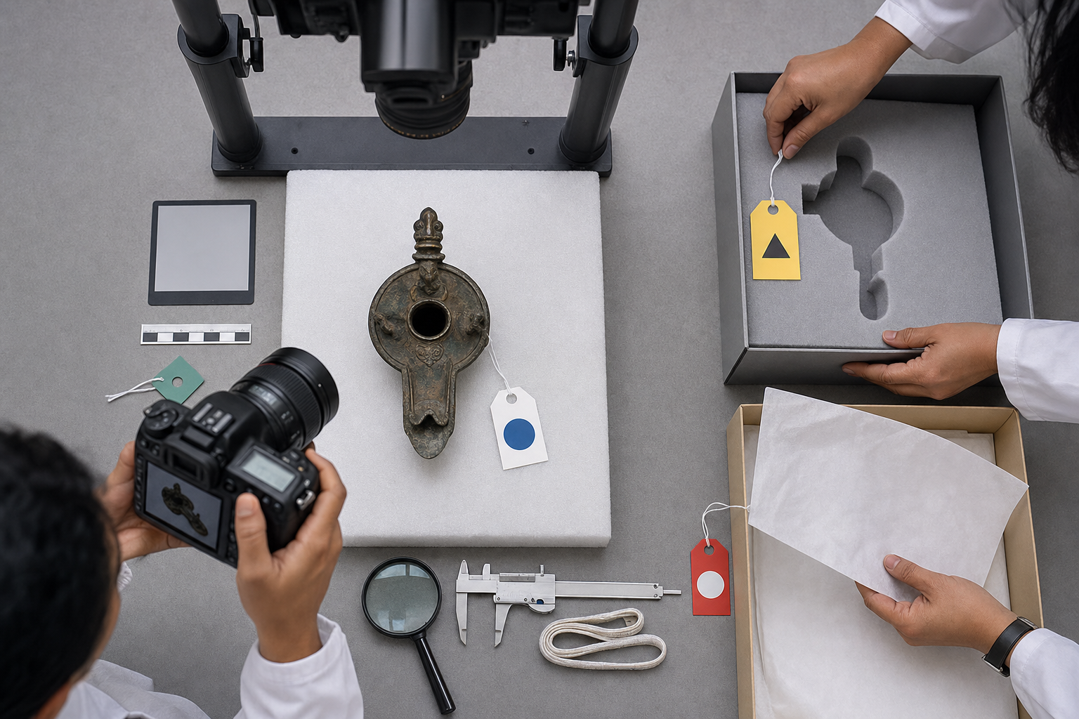 Custodians photograph and measure a historic bronze temple lamp beside its fitted archival tray, scale, calipers, and blank identification tags.