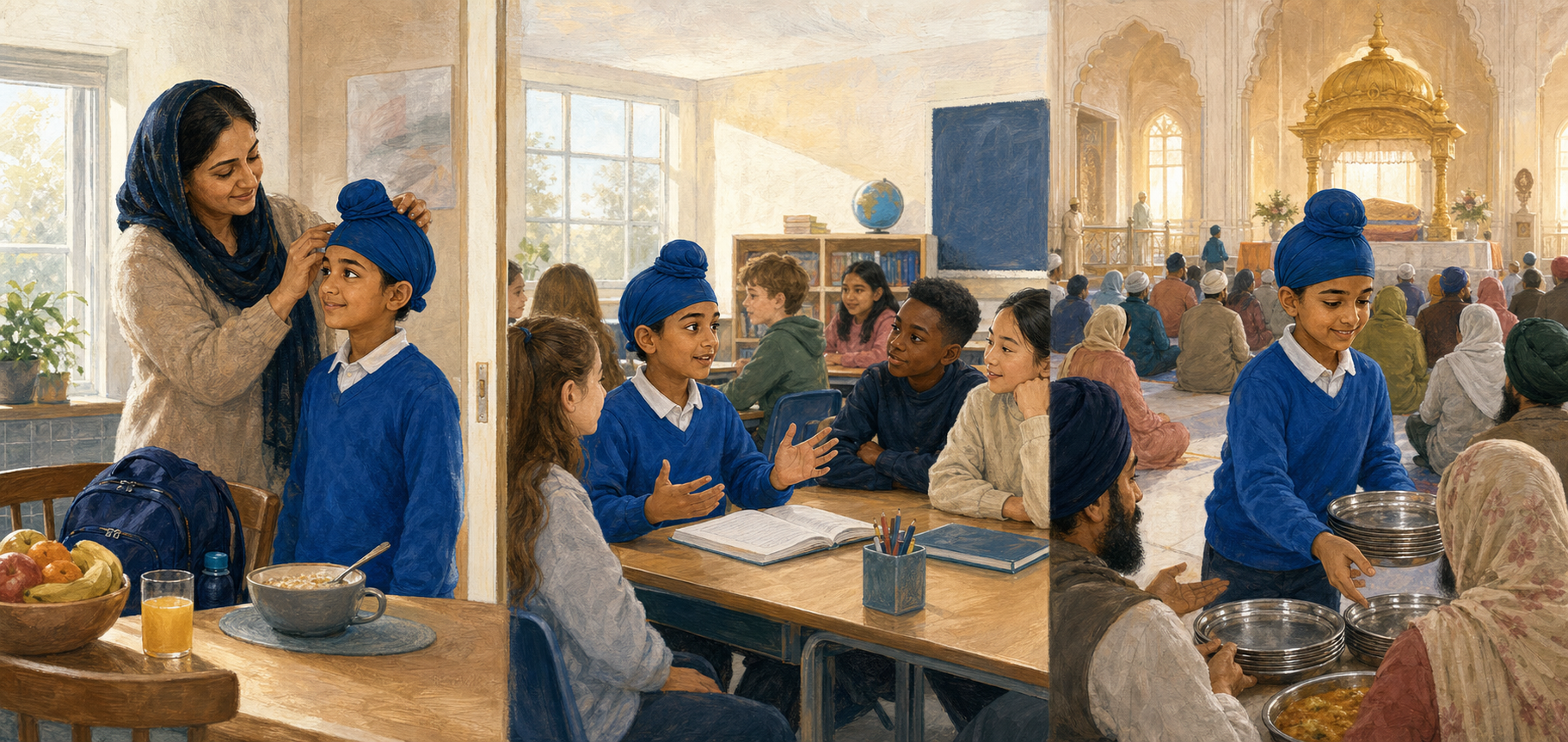 A three-part illustration shows a Sikh child at home, participating in a school classroom, and serving with family at a gurdwara.