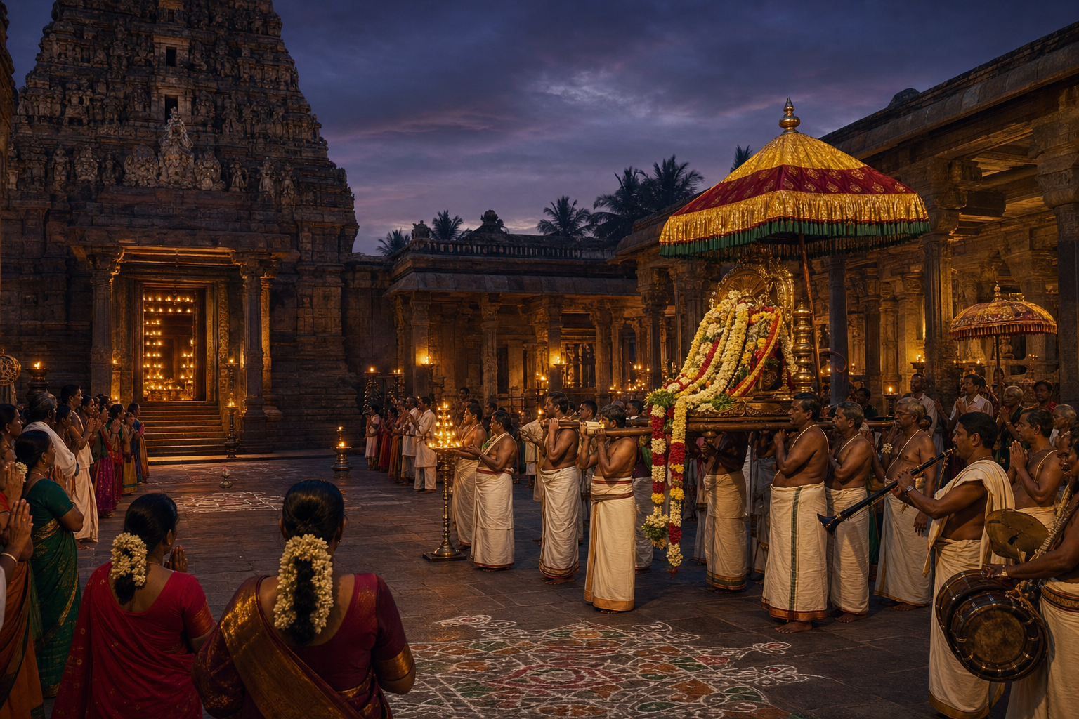 A lamp-lit temple courtyard with devotees facing a distant sanctum while attendants carry a decorated processional palanquin past musicians.