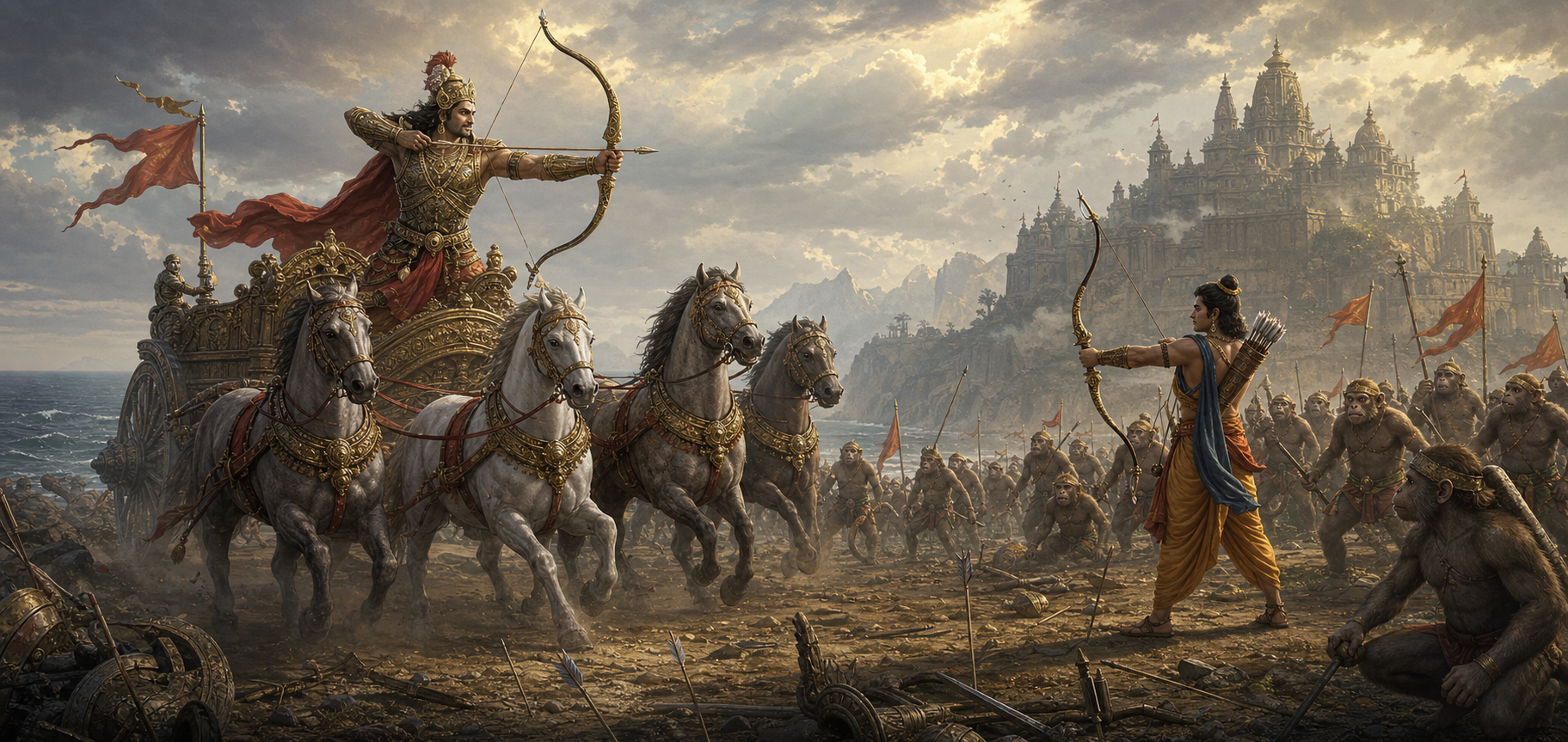 Atikaya rides a chariot toward Lakshmana and the vanara forces on the battlefield outside Lanka.