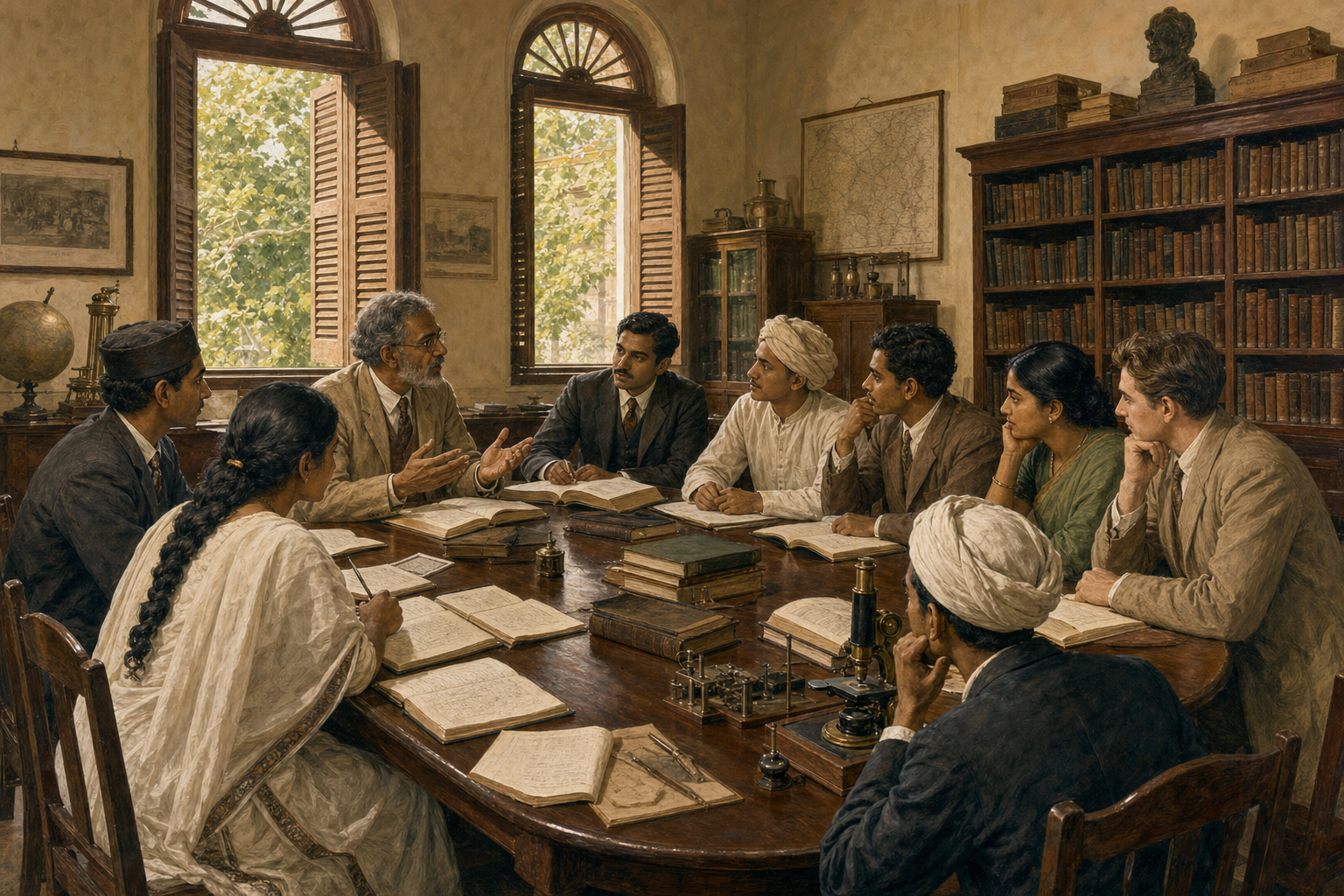 A professor and students discuss books around a wooden table in a sunlit historic college seminar room lined with shelves.