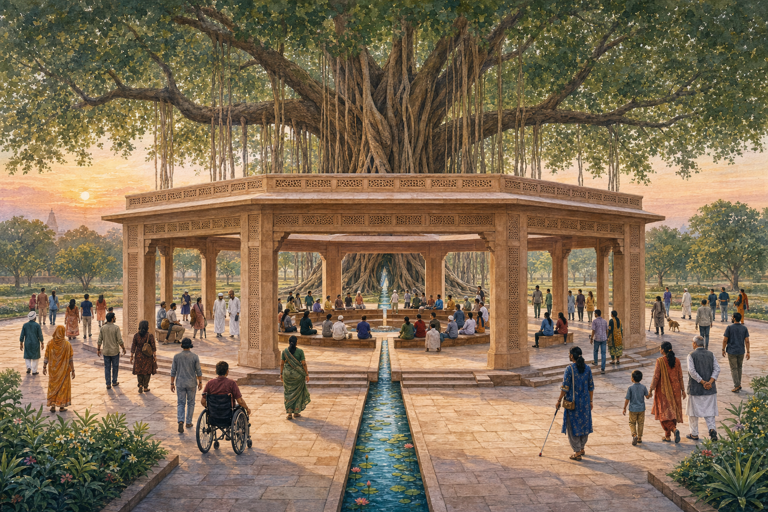 A diverse group of Indian citizens gathers in an open civic pavilion beneath a large banyan tree at dawn.