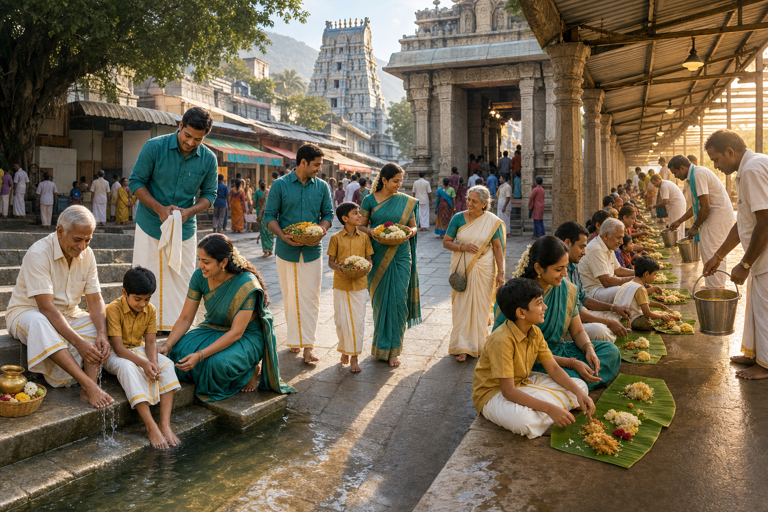 A pilgrim family follows a devotional sequence from ritual washing and flower offerings to prayer and a shared prasadam meal.