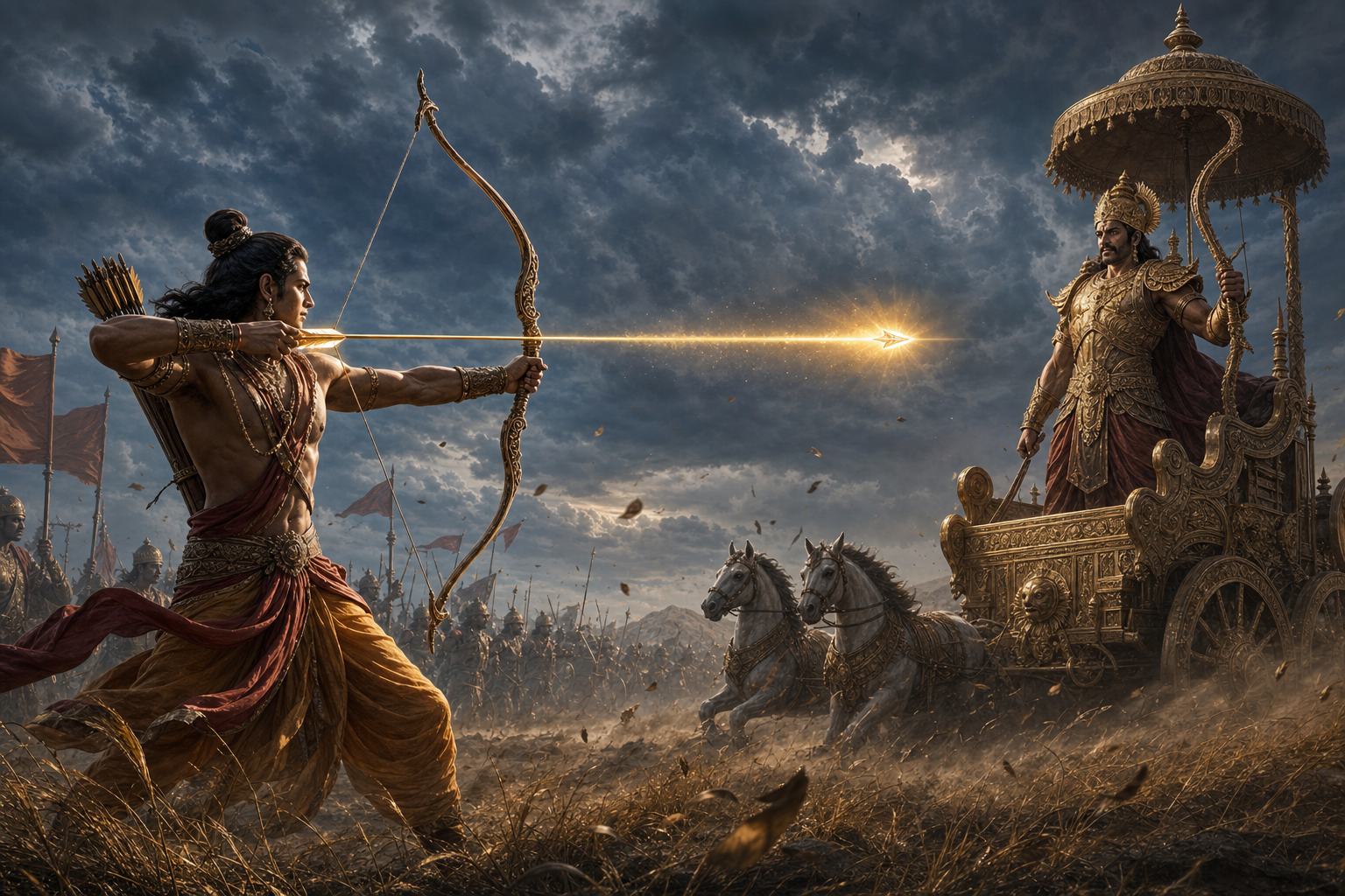 Lakshmana releases a radiant arrow toward the armored Atikaya, who stands in his chariot amid wind and dust.