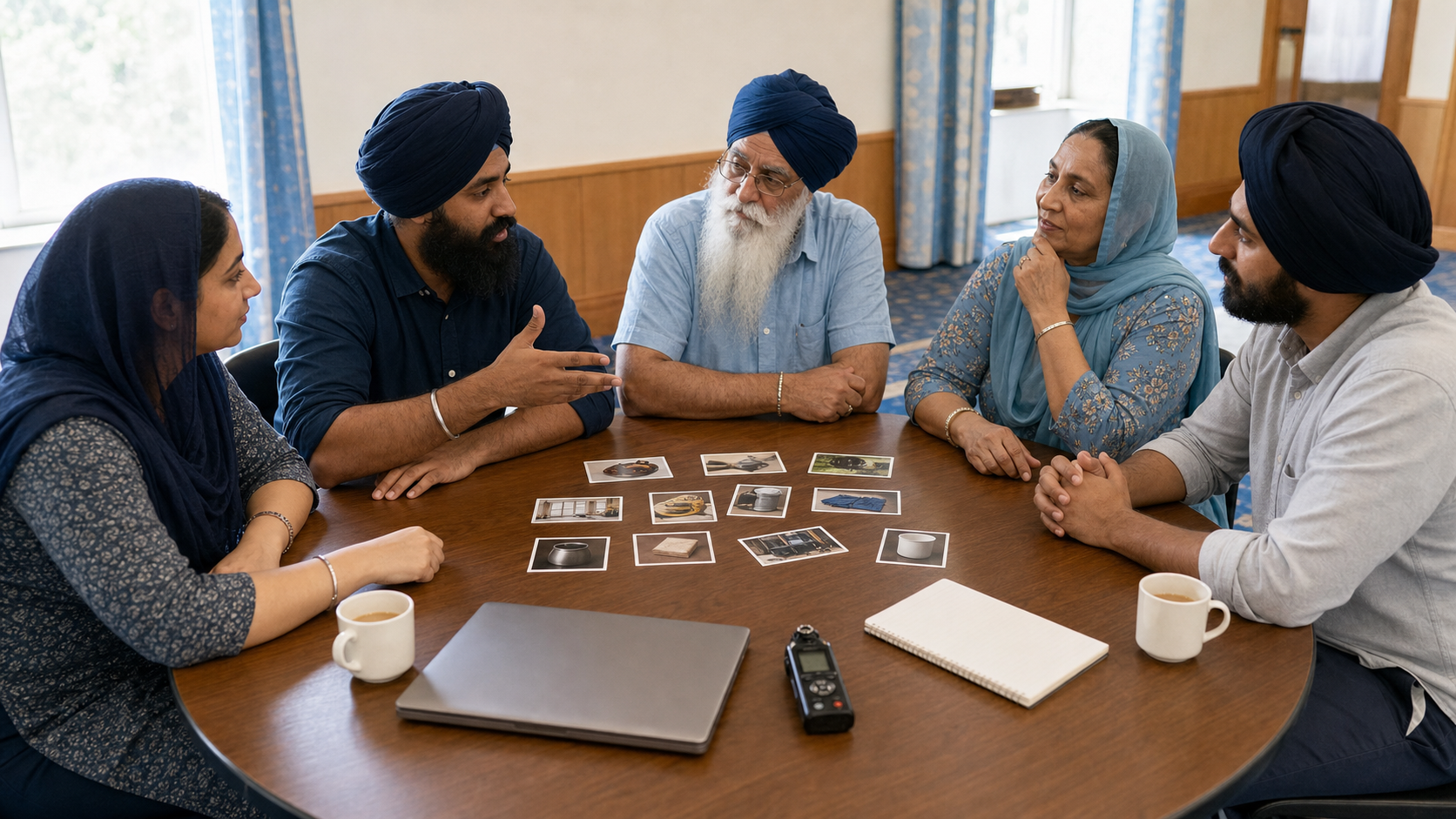 A researcher and Sikh community participants discuss unlabeled image cards together around a table in a community room.