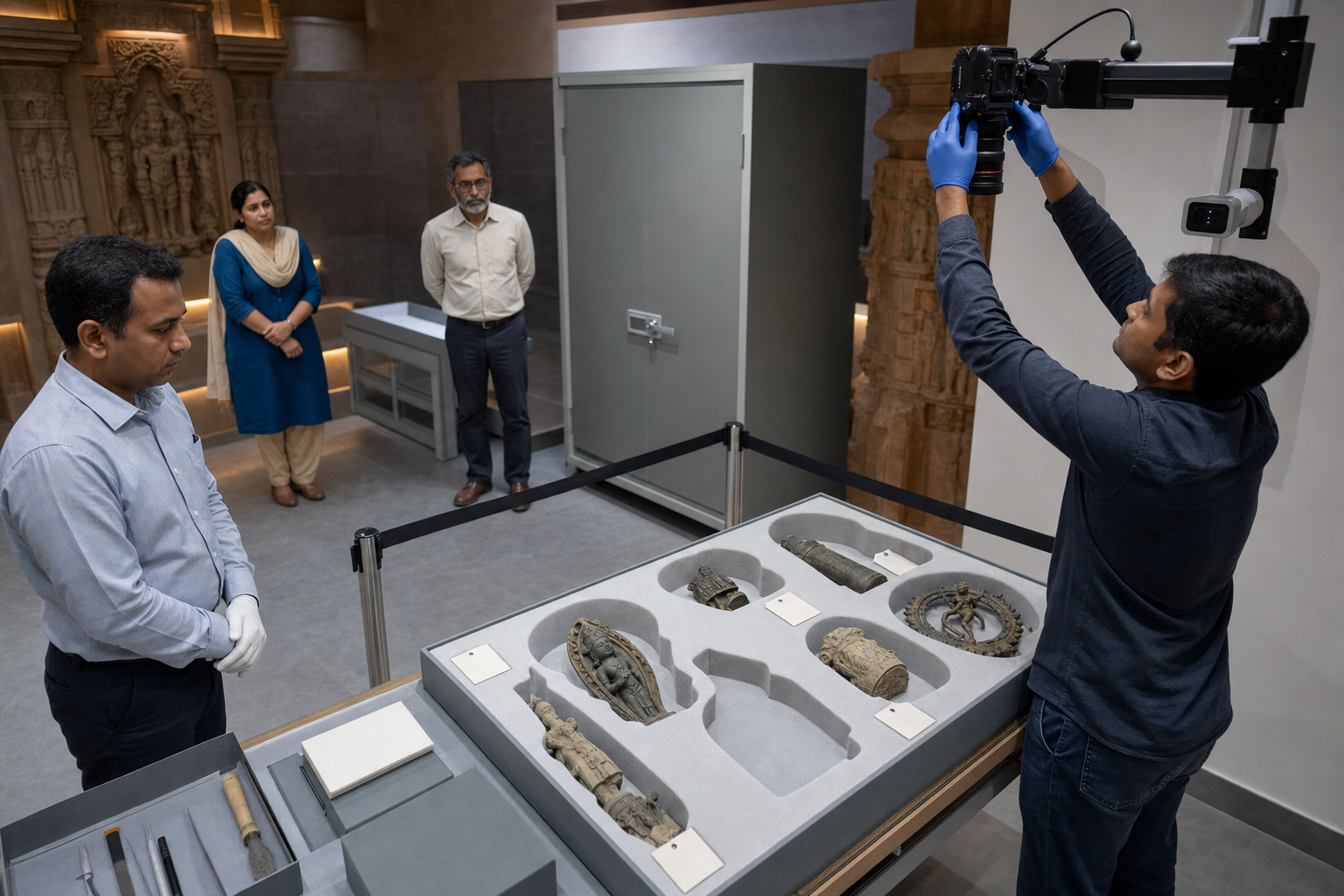 Custodians pause an examination and photograph an empty fitted compartment while witnesses observe and the nearby storage cabinet remains closed.