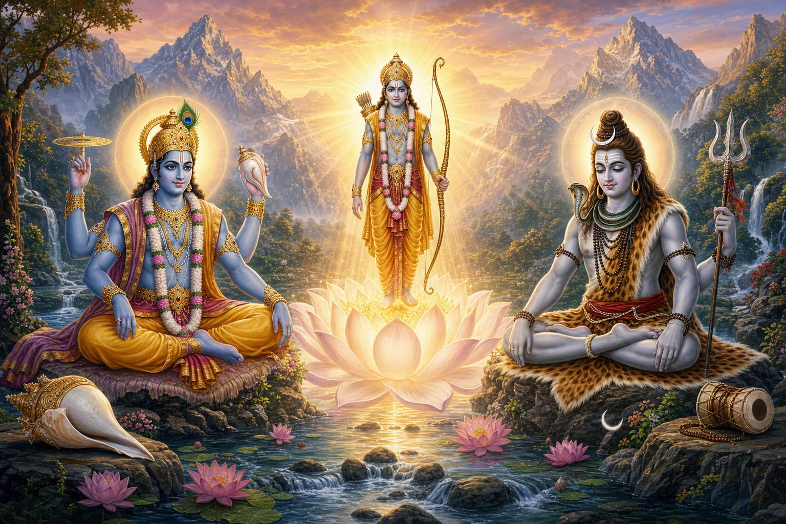 Vishnu and Shiva sit on either side of one radiant lotus, with Rama standing peacefully in their shared light.