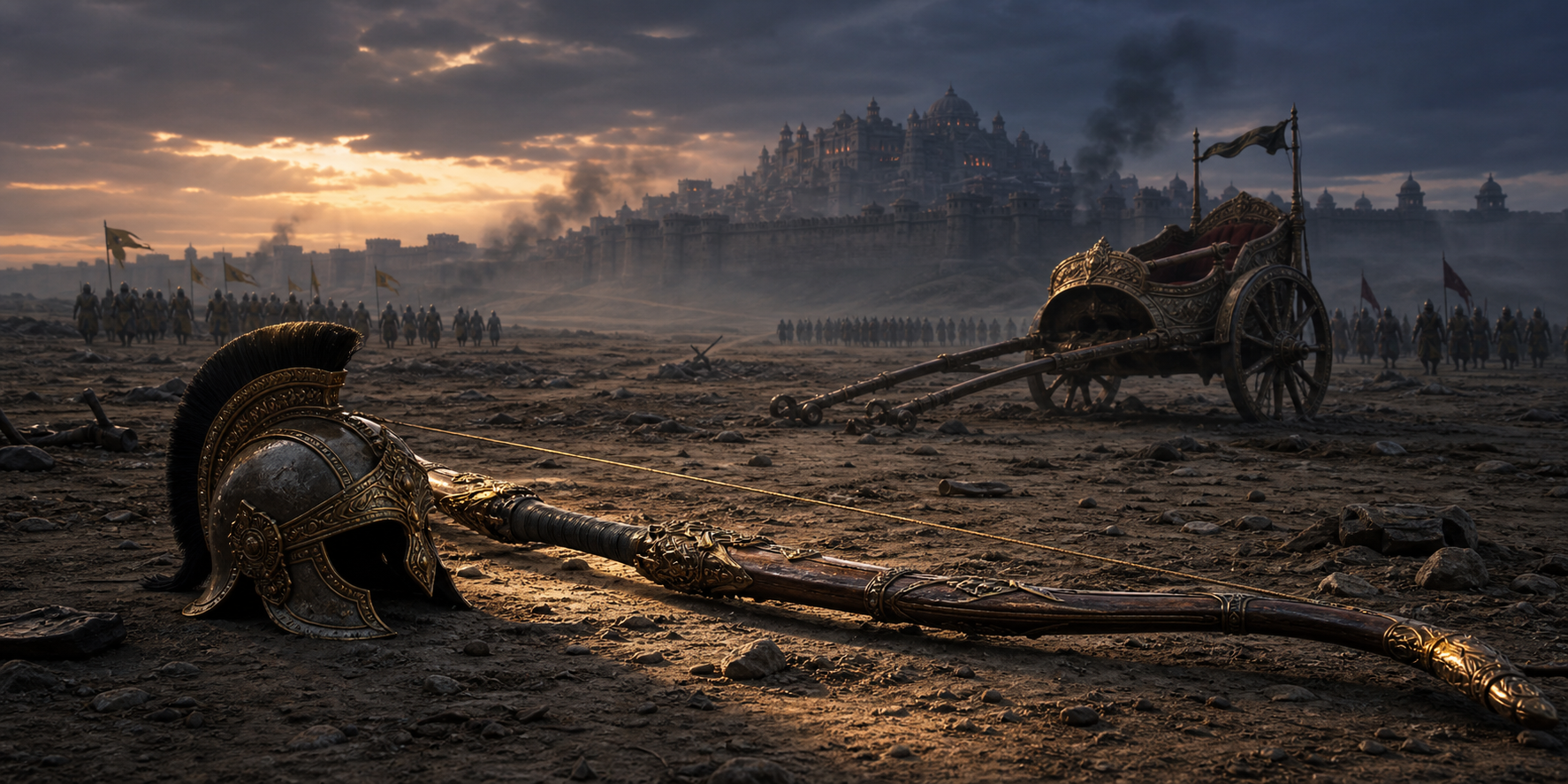 Atikaya's bow and helmet lie beside an empty chariot as warriors withdraw from the battlefield near Lanka.