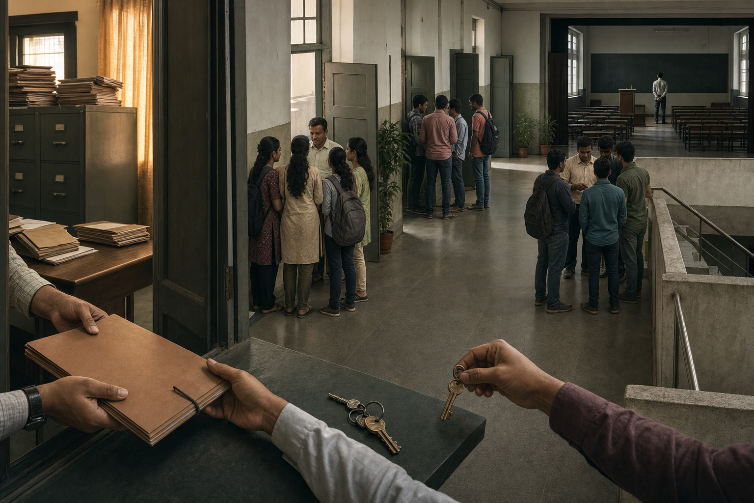A college corridor links a closed administrative file being passed by hand, separated student groups, and an empty lecture hall with a waiting lecturer.