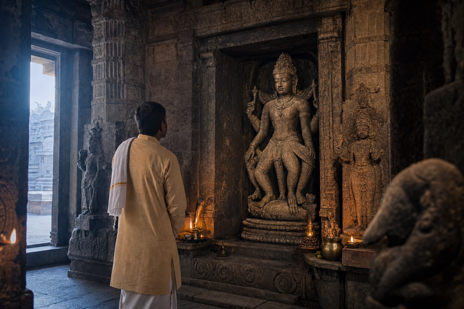 A visitor studies an unusually formed stone murti in a temple niche surrounded by pedestal motifs, neighboring figures, and ritual objects.