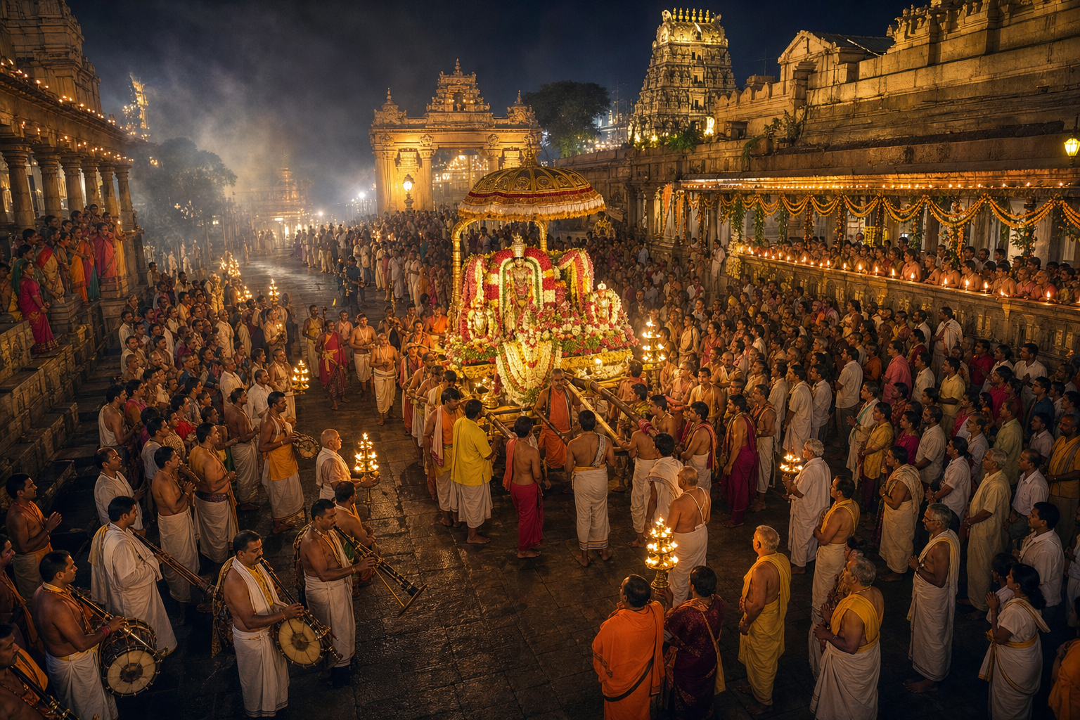 A flower-decorated ceremonial palanquin, priests, musicians and devotees fill a lamp-lit temple street during an evening procession.