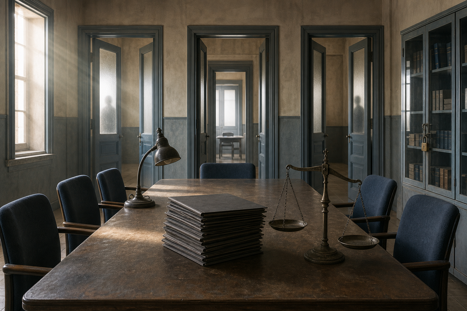 An empty academic committee room contains vacant chairs, closed files, a tilted balance scale, locked books, and several converging doorways.