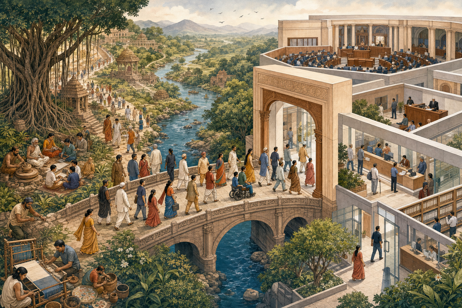 An organic Indian cultural landscape is connected by a bridge to a clearly bounded complex of civic institutions.