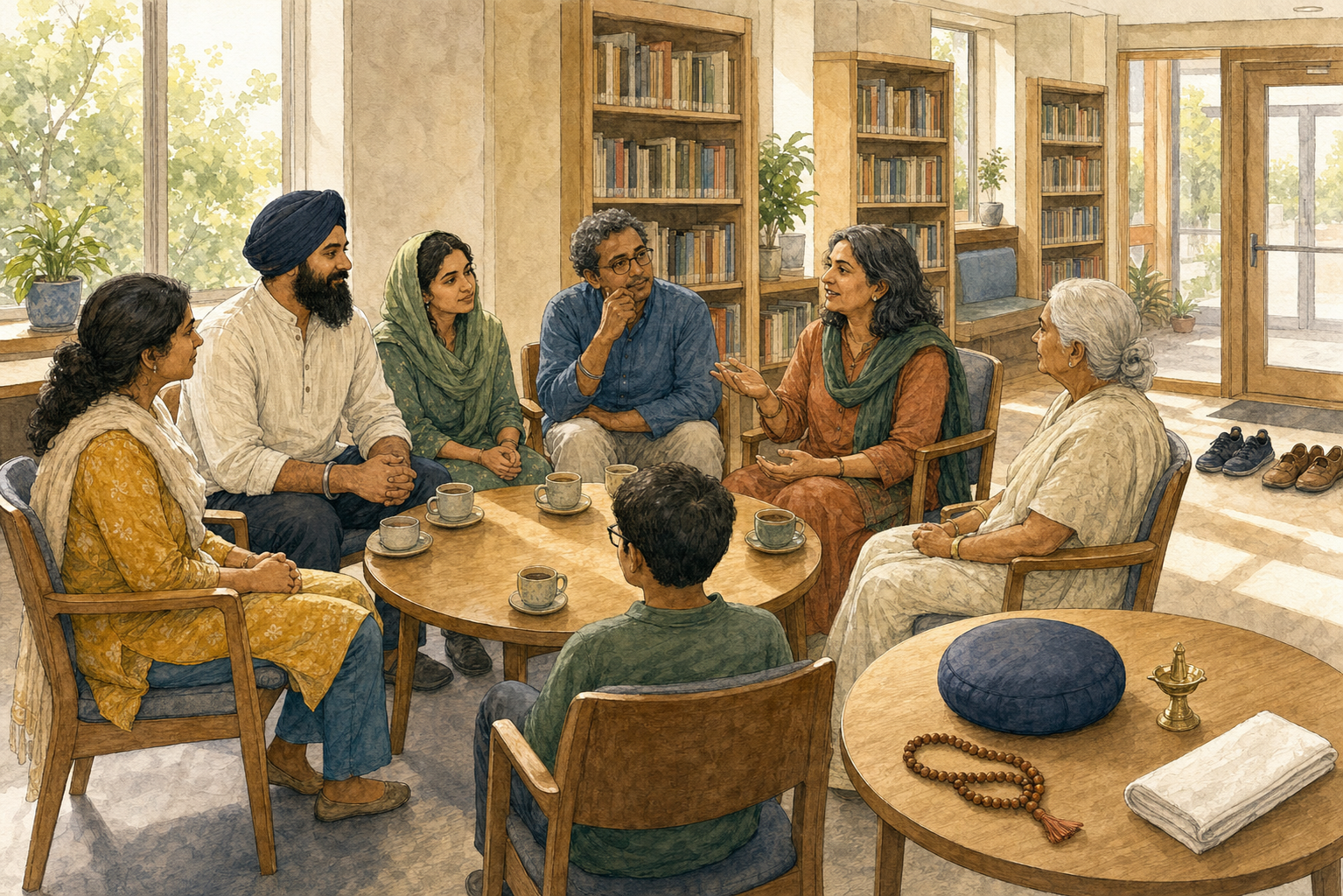 A Sikh facilitator and a diverse group of participants listen to one another around a circular table in a community library.