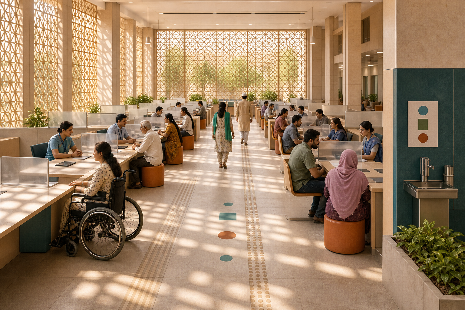 Civil servants assist a diverse queue of citizens at equal service desks in an accessible public office.