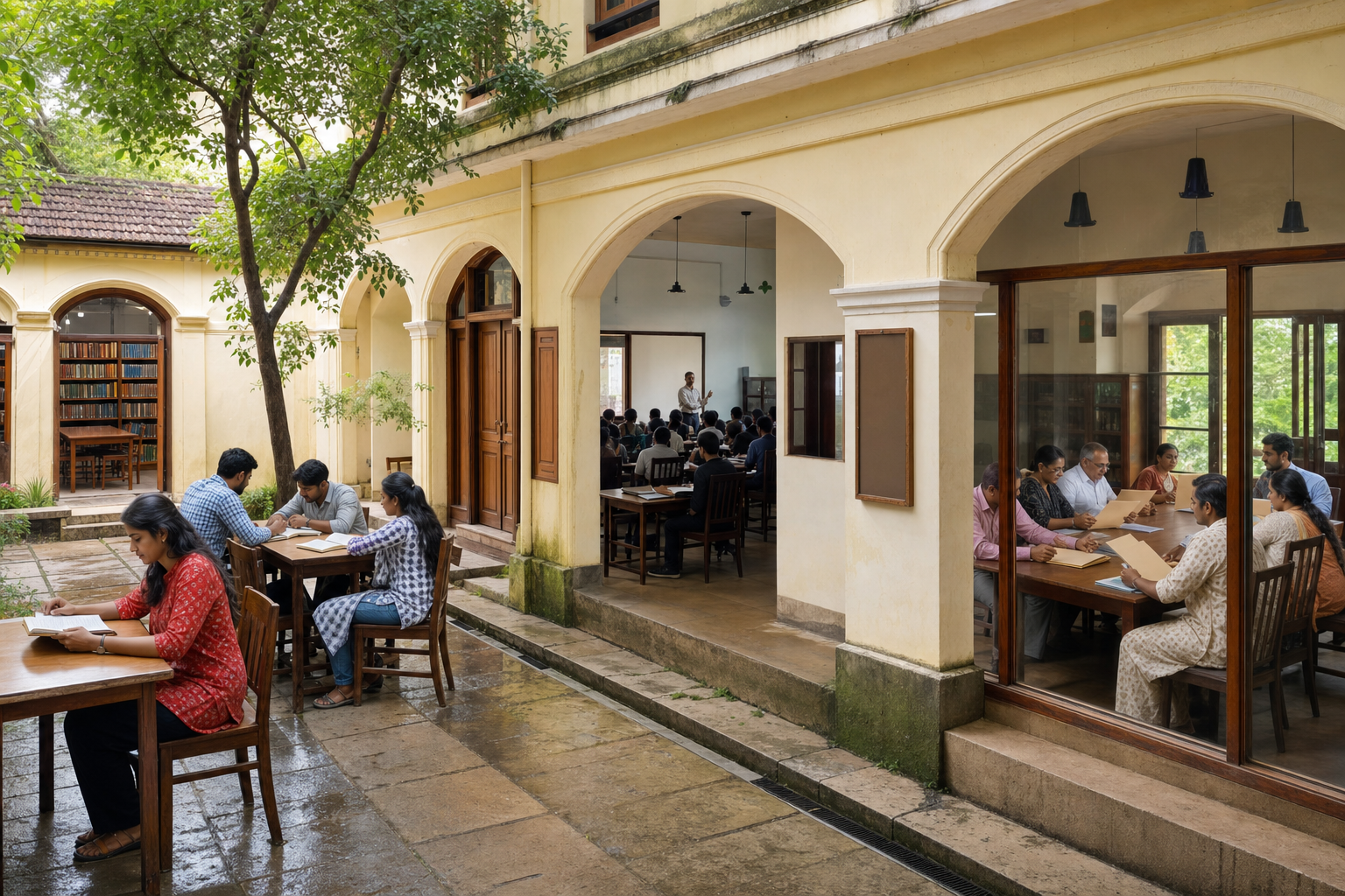 Students study in a repaired historic college courtyard while an academic panel reviews files and a lecturer teaches in an open classroom.