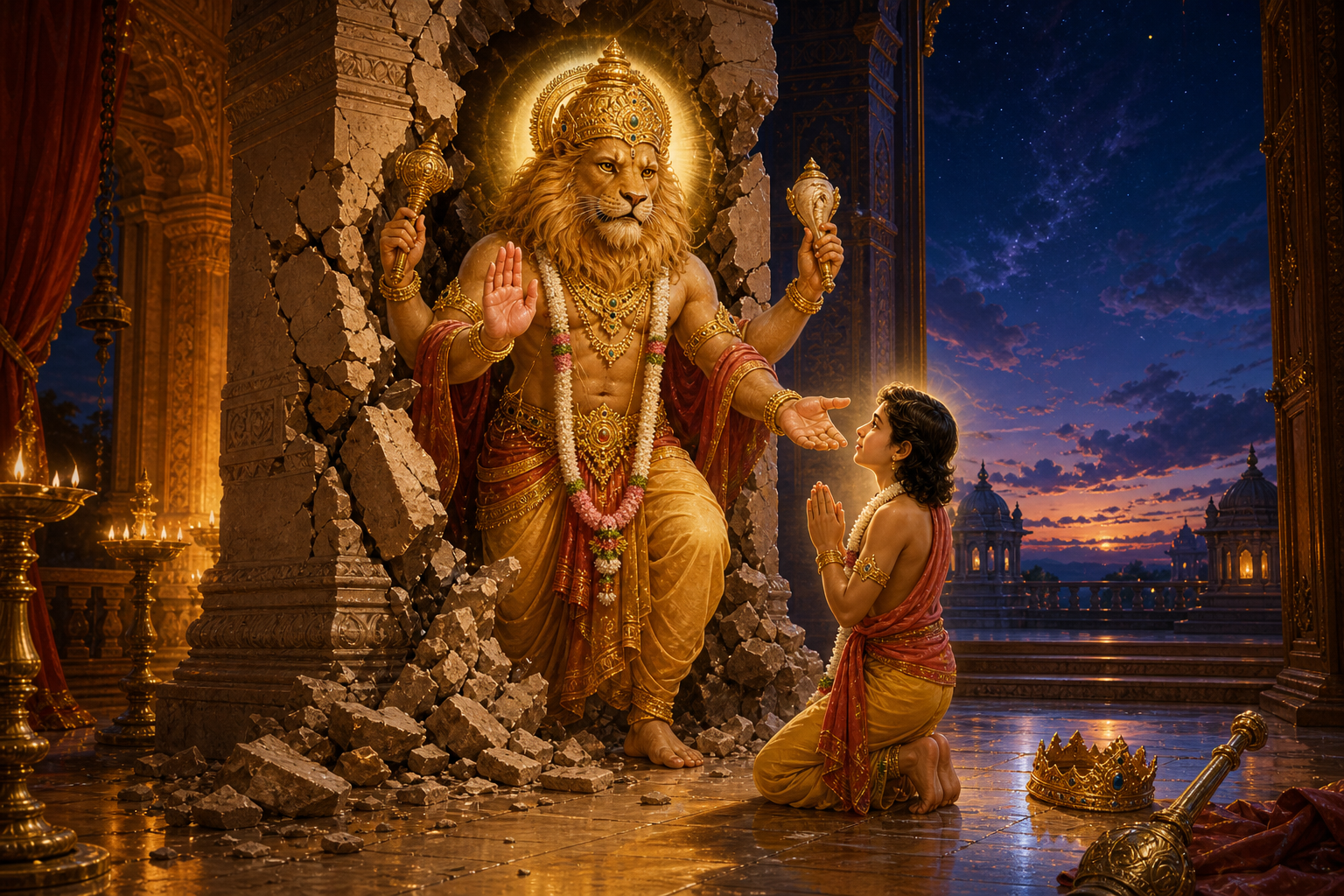 Narasimha emerges from a broken palace pillar at twilight and raises a hand in protection toward the kneeling Prahlada.