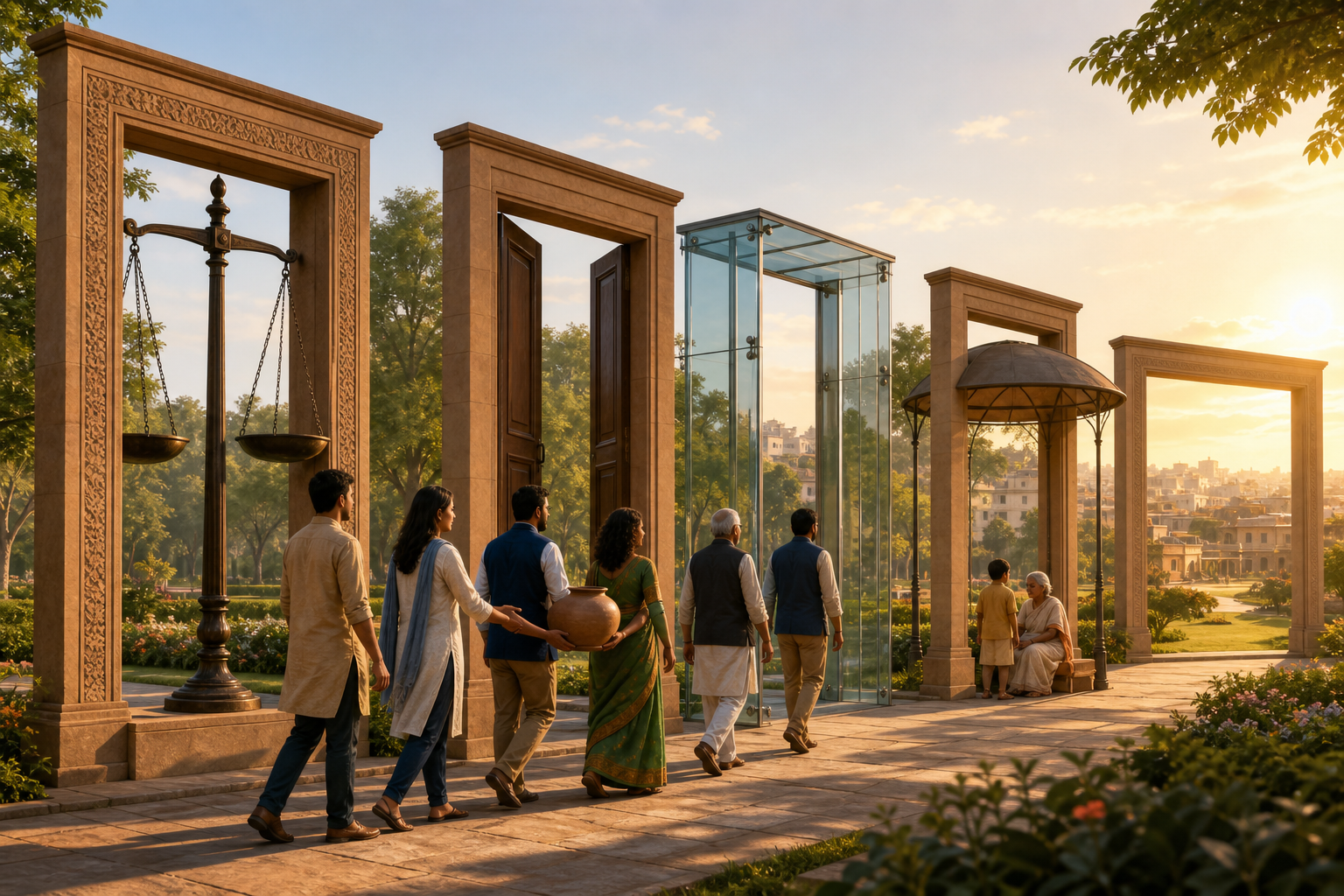 A citizens' committee carries an unmarked vessel through five symbolic gateways representing tests of public policy.