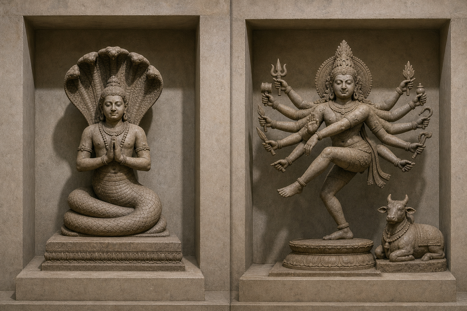 Two separate museum sculptures show a serpent-bodied sage and a ten-armed dancing Shiva with a small bull beside the pedestal.