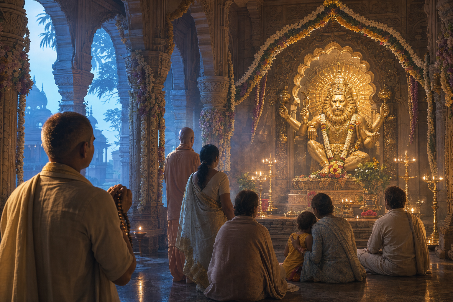 Vaishnava pilgrims pray before a lamp-lit shrine of Lord Narasimha in a Mayapur temple at dawn.
