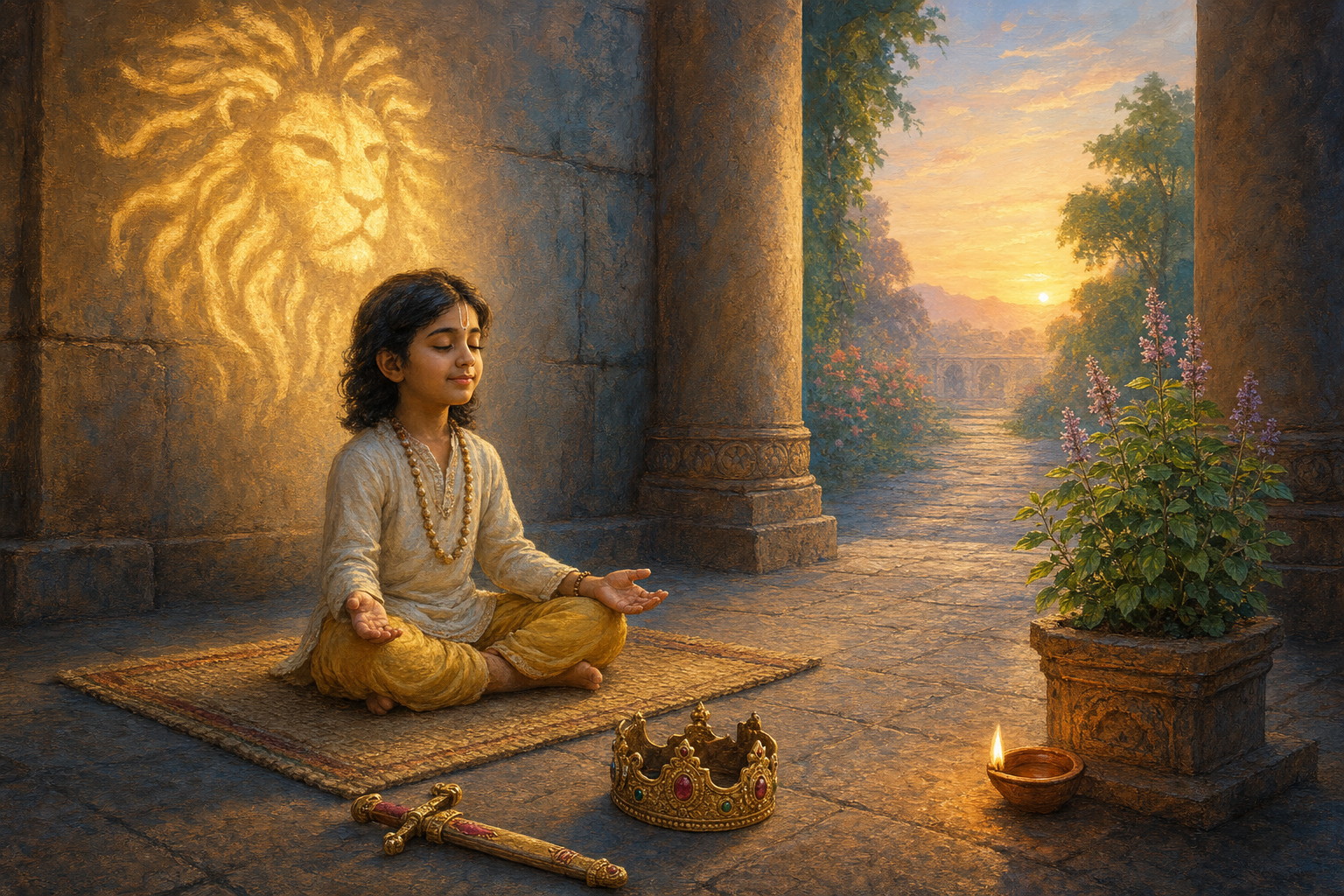 Prahlada sits with open hands in a palace courtyard beside a set-aside crown and toy sword, with a clay lamp and tulsi plant nearby.