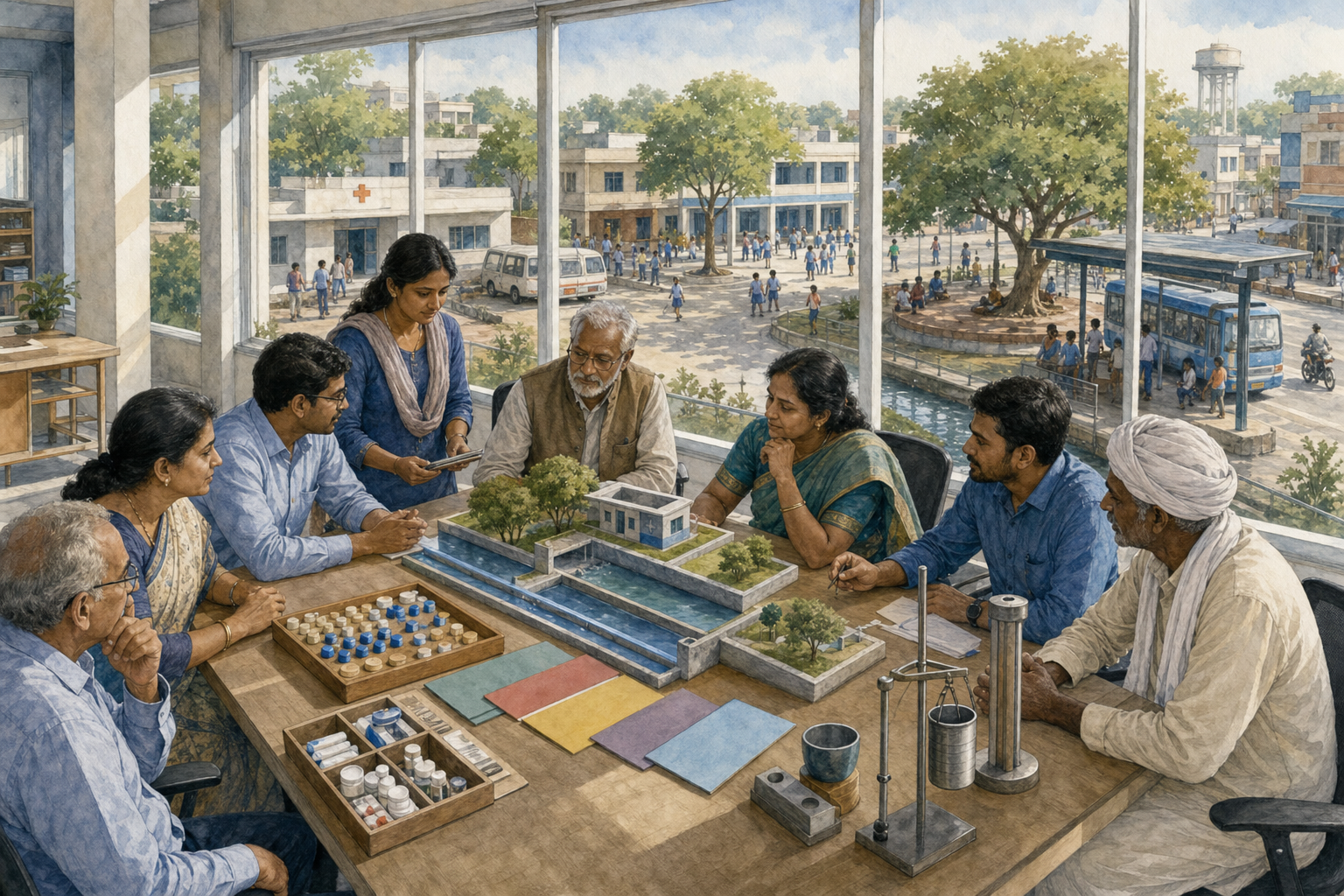 Auditors and community representatives examine public-service indicators in a room overlooking a school, clinic, street, and transit stop.