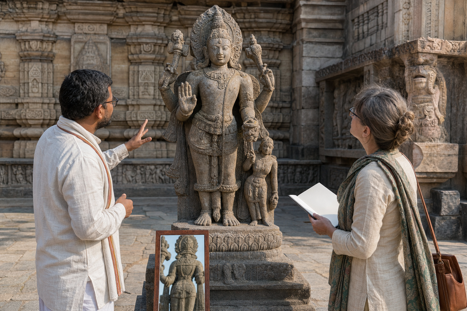 An art historian and temple guide examine a weathered multi-armed murti together, including its gestures, pedestal, neighboring figure, and architectural setting.