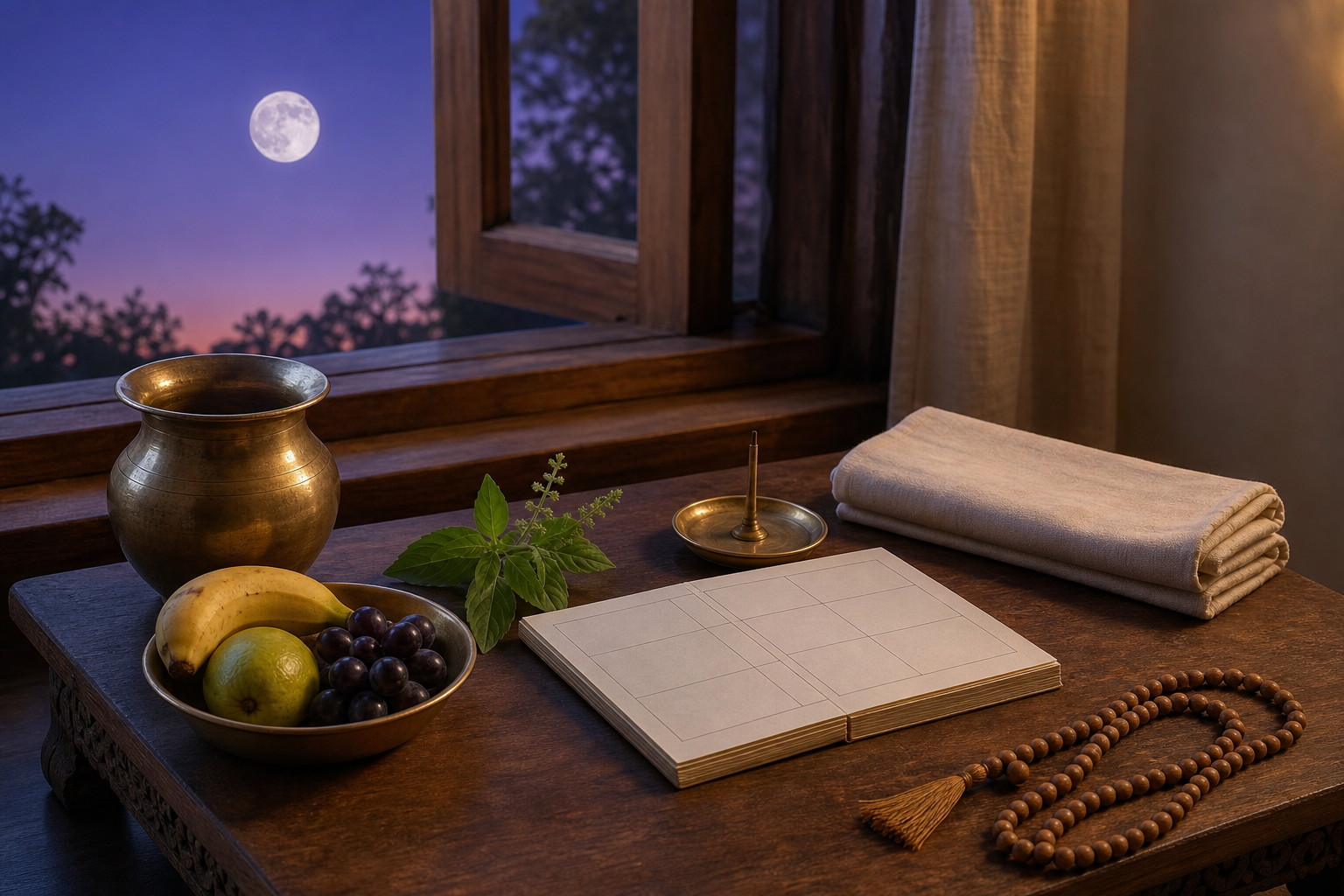 A brass water vessel, fruit, tulsi leaves, prayer beads, folded cloth, and a blank lunar almanac rest near a window under an evening moon.