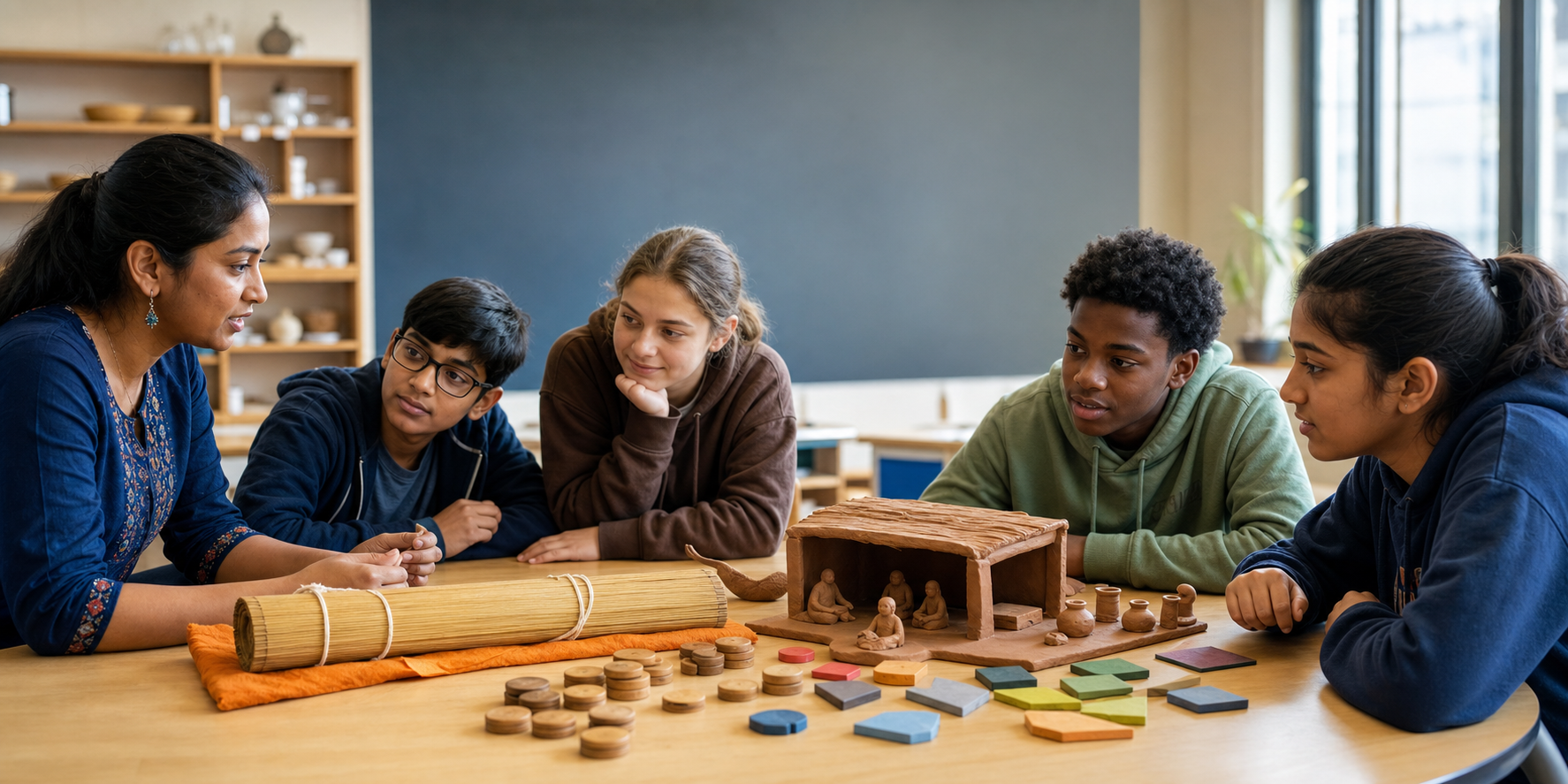 Students and a teacher examine manuscript replicas, place-value counters, and language-learning objects in a modern classroom.