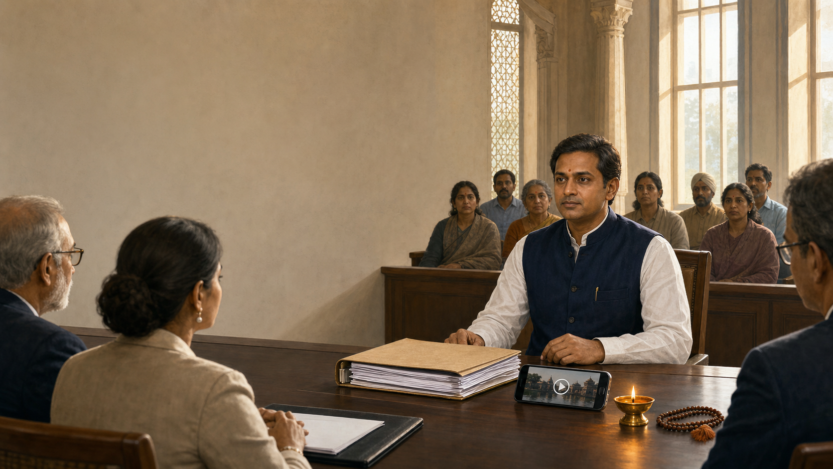 A Hindu community advocate presents an evidence folder and paused video to a review panel in a civic hearing room, with a brass diya and prayer beads beside the materials.