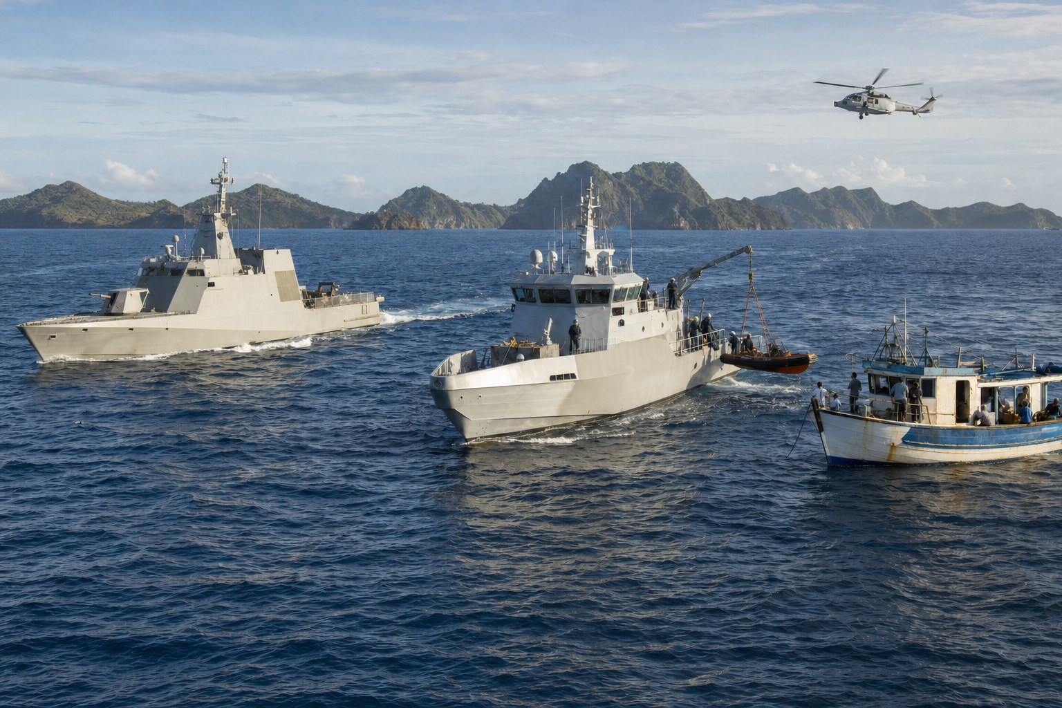 Two naval patrol vessels coordinate a search-and-rescue exercise with a helicopter and rescue boat near tropical islands.