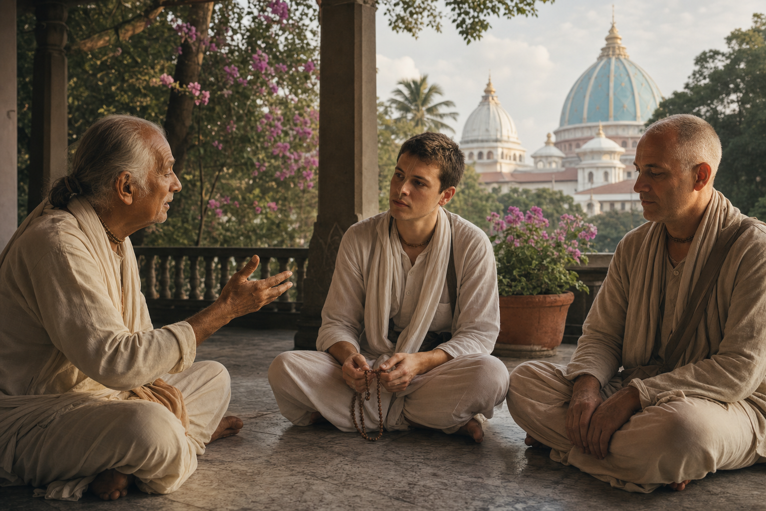 An older pilgrim shares a personal account with a younger devotee on a shaded veranda in Mayapur.