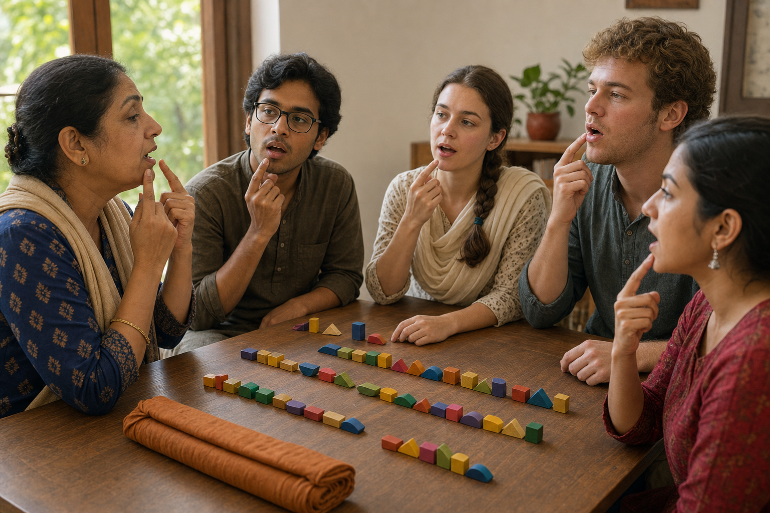 A teacher and students practice pronunciation and arrange color-coded wooden language tokens during a classroom workshop.