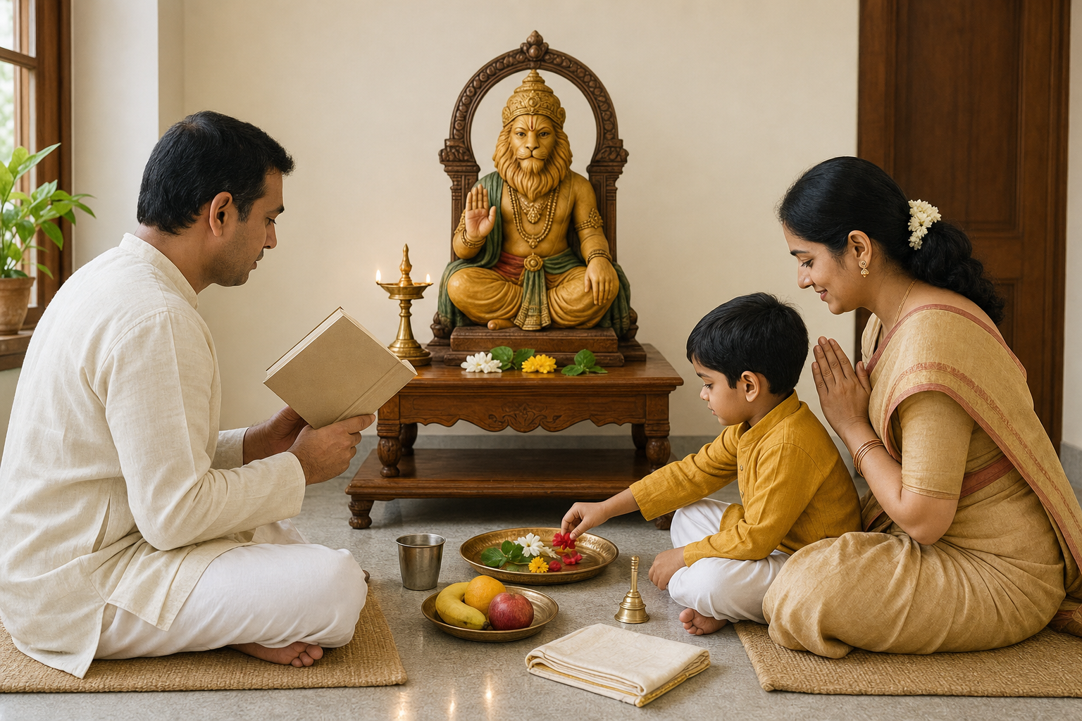 A family worships at a simple home altar with a seated Narasimha murti, lamp, water, fruit, flowers, and tulsi leaves.