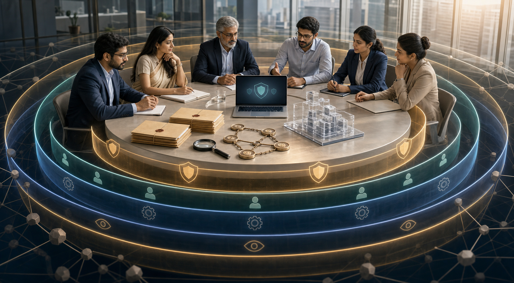 Indian corporate professionals examine evidence around a secure table surrounded by protective rings in a modern office.